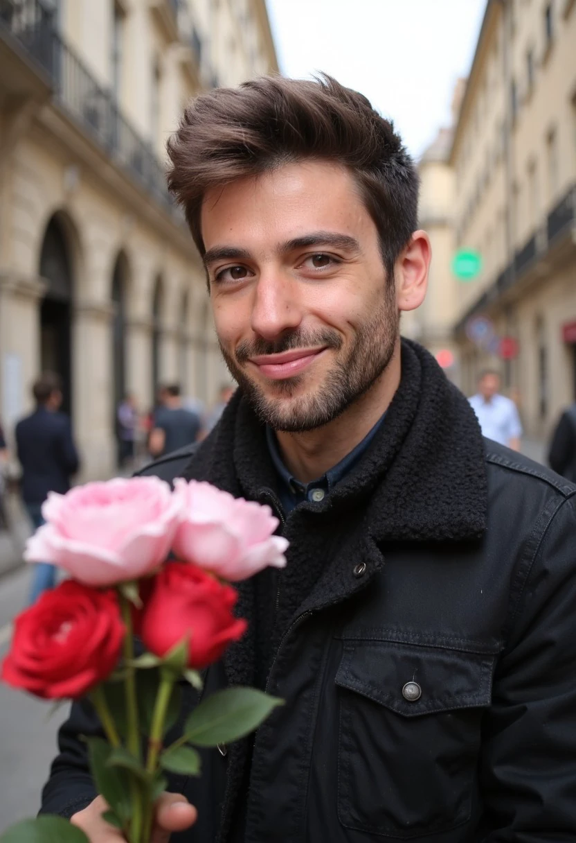 (Alexandre, 21 yo male, facial hair). standing in the street, jacket, well dressed, he is offering flowers to the viewer, closed mouth, smile, daylight, romantic, valentine, looking at viewer