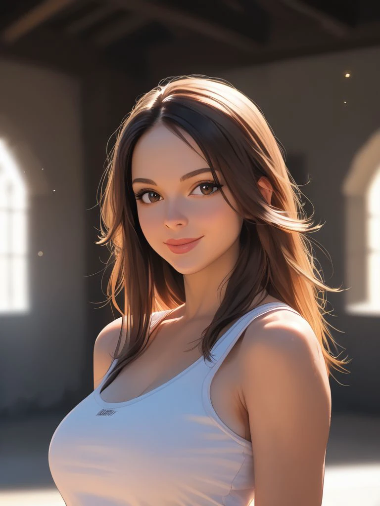 <lora:K4t3S4m_pdxl_v10:0.8>, K4t3S4m, 1girl, solo, long hair, looking at viewer, smile, upper body, Athletic Tank Top, dungeon, masterpiece, best quality, highly detailed, score_9, score_8_up, score_8, semi-realistic, photorealistic, <lora:add-detail-xl:0.9>, zPDXLrl, realistic eyes, hyper realistic eyes, pretty eyes,