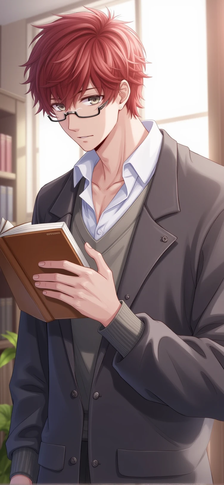 handsomemale, 1man, holding book, relaxed attire, cardigan, glasses, library, indoor, soft light, absorbed, red hair, grey eyes, refined quality, intellectual vibe