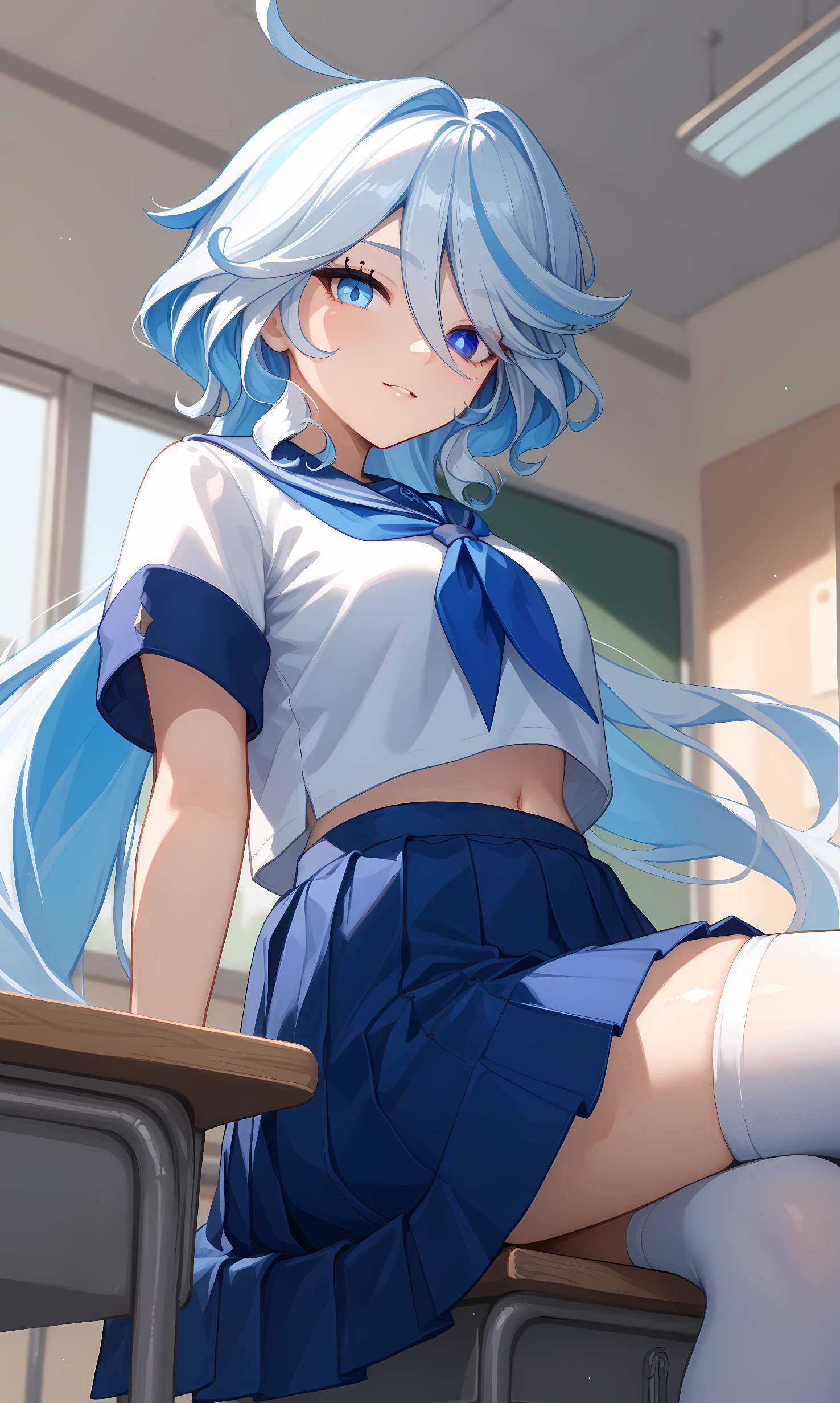 score_9, score_8_up, score_7_up, source_anime, 1girl, solo, indoors, classroom, cowboy shot, from below, sitting, on desk, looking at viewer, shiny skin, furina_genshin, blue eyes, heterochromia, mismatched eyes, white hair, streaked hair, long hair, ahoge, school uniform, white shirt, short sleeves, blue serafuku, blue neckerchief, midriff, blue skirt, pleated skirt, white stockings 