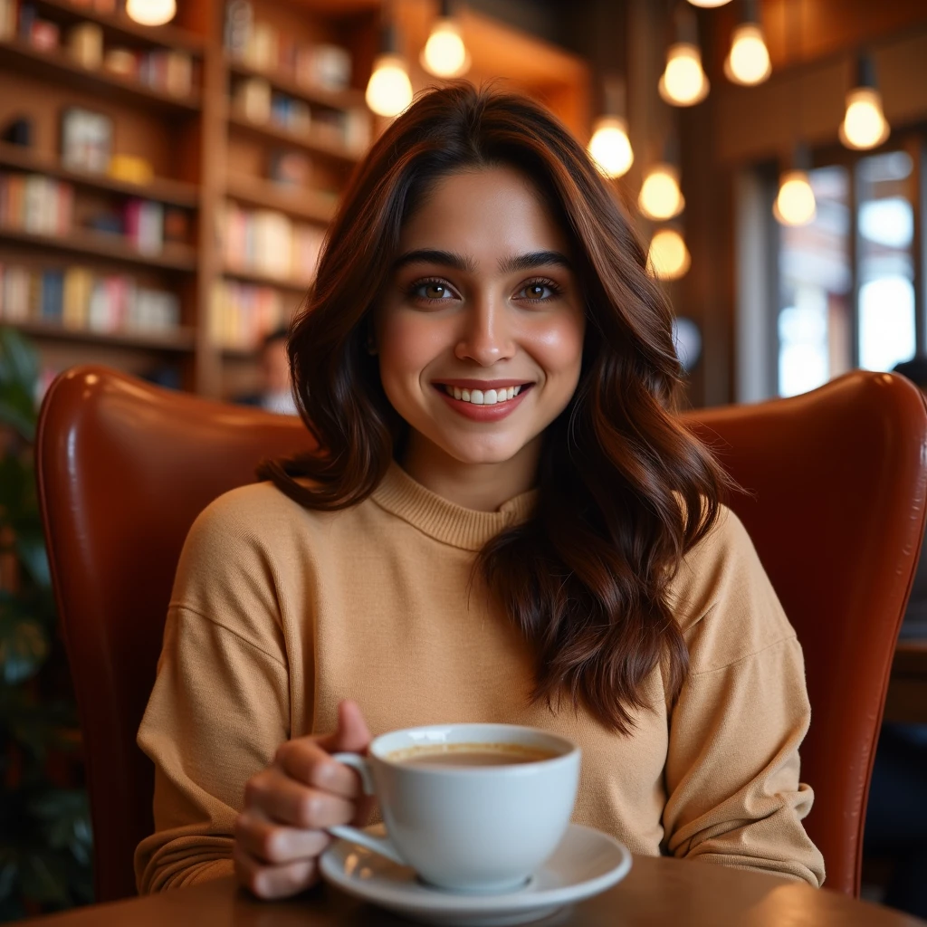 A charming portrait of SH4RV4RI, an Indian woman, sitting in a cozy cafe.

Subject: SH4RV4RI is seated comfortably on a stylish chair, holding a coffee cup in one hand and looking straight at the camera. Her expression is warm and inviting, with a gentle smile playing on her lips. Her long, flowing brown hair cascades over her shoulders, framing her youthful face. Her fair skin has a natural, healthy glow enhanced by the warm lighting of the cafe.

Background: The cafe setting is warm and inviting, with soft, out-of-focus elements that suggest a cozy atmosphere. Wooden tables, bookshelves, and warm-toned decor create a comfortable ambiance without distracting from the subject.

Foreground: SH4RV4RI's hands are visible, gracefully holding a ceramic coffee cup. The table in front of her is partially visible, perhaps with a book or a small plant to add depth to the scene.

Camera angle: A straight-on, medium close-up shot that captures SH4RV4RI from the waist up, allowing the viewer to see her seated posture and the coffee cup in her hand. The camera is positioned at eye level, creating a direct and engaging connection with the subject.