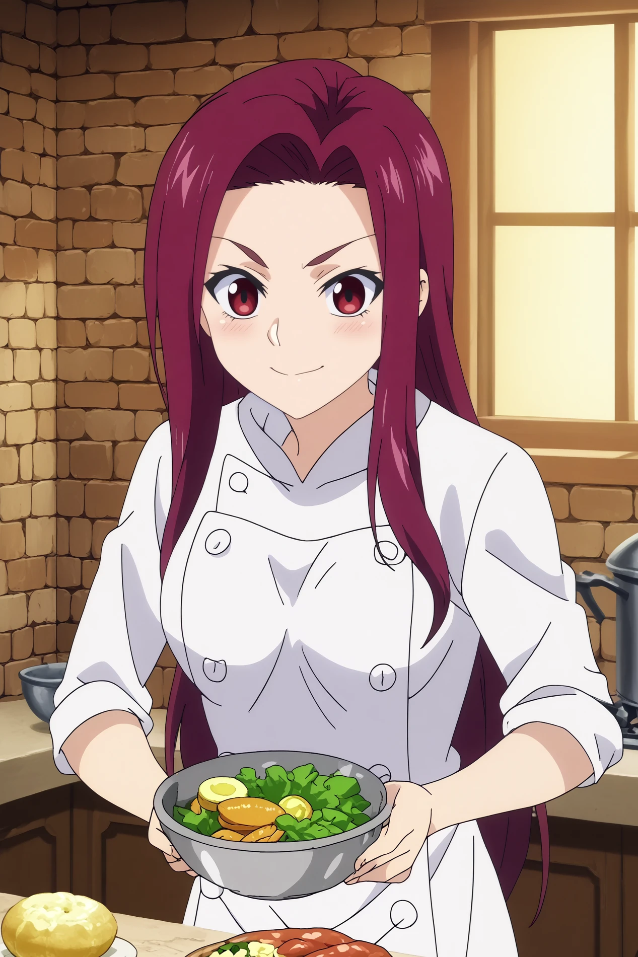 sakaki ryoko,1girl,solo,looking_at_viewer,purple hair, long hair,smile,breasts,chef,white shirt,white pants,smile,blush,upper body,cooking noodles, ramen BREAK indoors,Cozy,white walls,small sink, marble countertop, food,vegetables,fridge,fruit, warm light, vintage stove behind,window with a garden, kitchen,orange brick wall,restaurant kitchen   <lora:Sakaki_Ryoko_-_Food_Wars.safetensors:0.8> <lora:detailed_backgrounds_v2.safetensors:0.8>