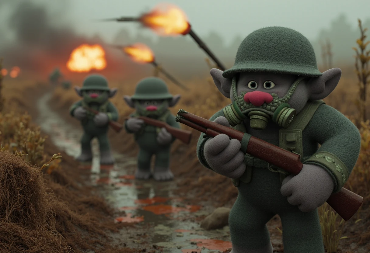 A still from the trolls series of a gritty World War 1 scene.  Trolls are in the trenches firing rifles.  There's blood, dirt, and explosions in the scene.  A troll towards the center of the image is wearing a gas mask while holding a shotgun.    <lora:mrg_Trolls_Flux_New_Captions_A50_onetrainerTrolls2024-10-05_06-18-01-save-3000-6-0:.75>