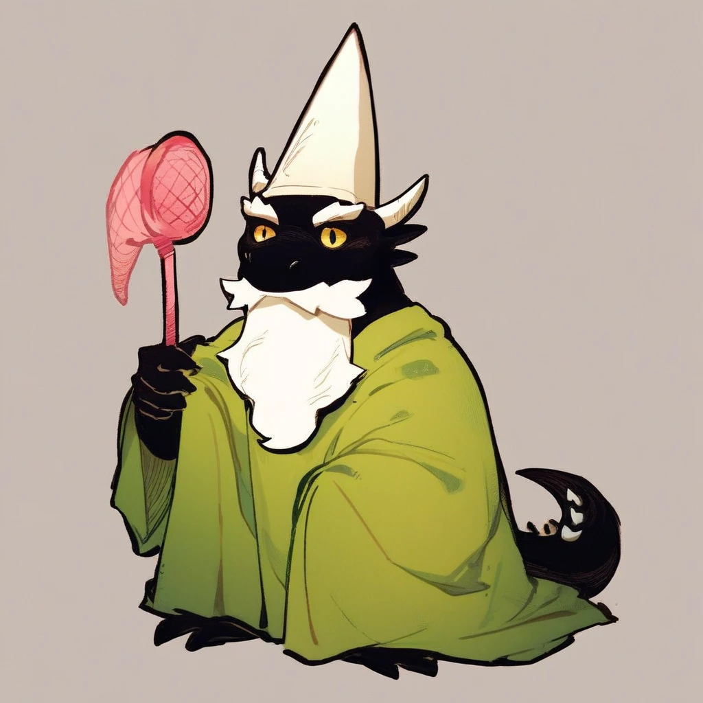 score_9_up, score_8_up, score_7_up, source_furry, mikus-concept, crawly green gnome, green robe, cone hat, white beard, black dragon, black body, white horns, yellow eyes