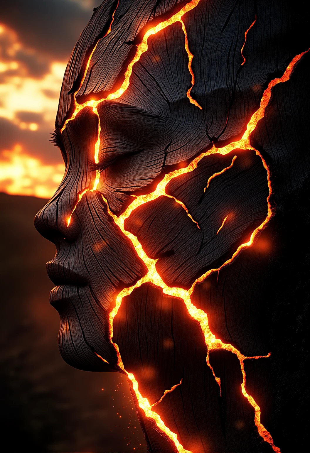 A close-up of a woman whose skin is half covered by glowing wood, with cracks flickering like embers|A close-up of a tree with ember-like veins glowing against a fiery sky, with only parts of its bark transformed into glowing wood, embers softly glowing through the cracks}} Epic cinematic lighting, glowing wood textures with vibrant embers, dramatic shadows, backlit glow, high contrast, lens flare, deep focus, sharpest ultra-realistic details, vivid colors, high dynamic range, volumetric lighting, breathtaking scale, photorealism, highest texture quality, intricate details, hyper-sharp focus, stunning cinematic atmosphere. , <lora:bv-glowing-wood-v1.safetensors:1.0:1.0>