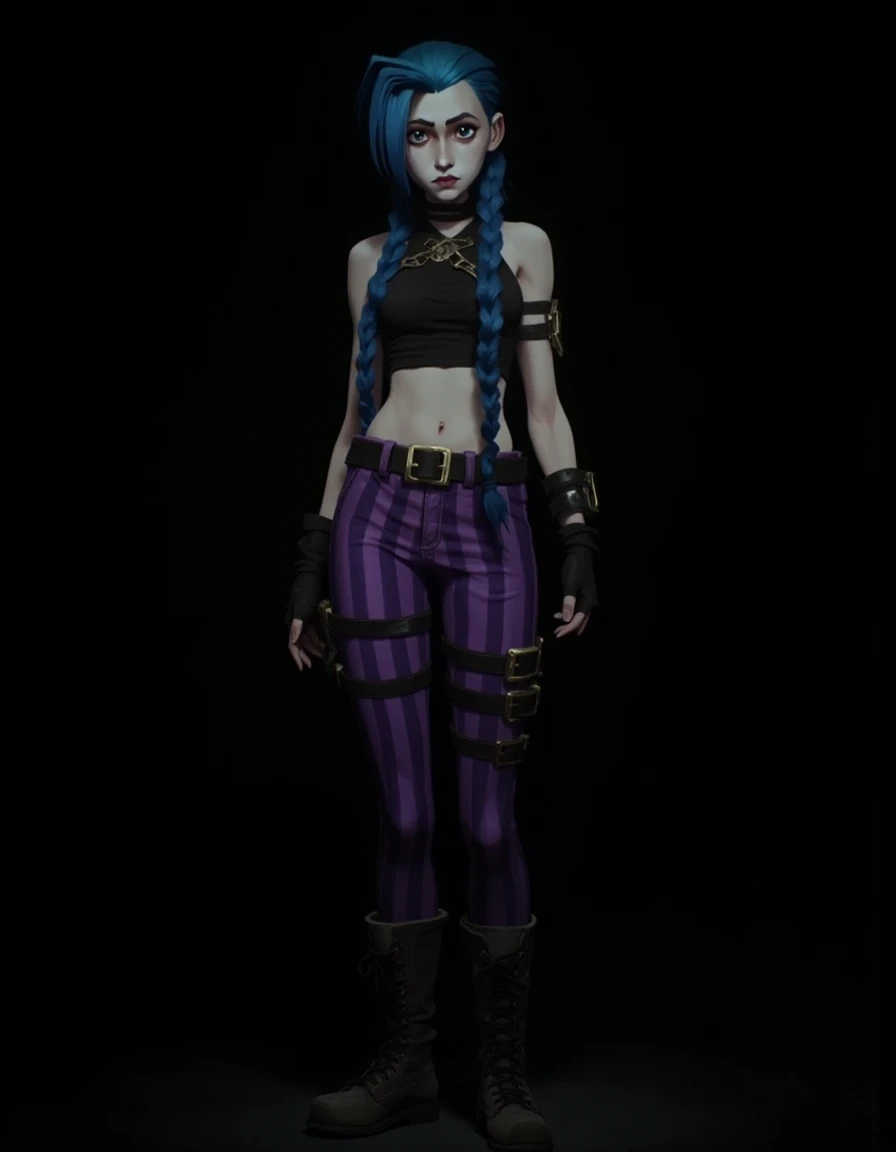 Jinx is standing against a black background. Sheâs wearing a black crop top and purple striped pants, along with army boots and fingerless gloves. Her hair is styled in two long blue braids.
<lora:Jinx__Arcane-000001:1>