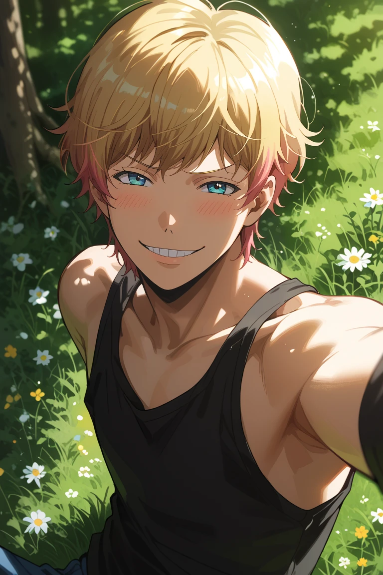 score_9, score_8_up, score_7_up, source_anime, rating_questionable, day, sunlight, tree shade, dappled sunlight, natural lighting, male focus, selfie, blushing, looking at viewer, lying, outstretched arms, smirking, TakuyaAC, blonde-pink_Takuya_multicolored hair, blue_Takuya_eyes, teeth, armpit, black tank top, oversized arms, naughty face, happy, 1boy, blurry outdoor grass, flowers, from above, intricately detailed illustration, atmospheric perspective, depth of field, realistic shading