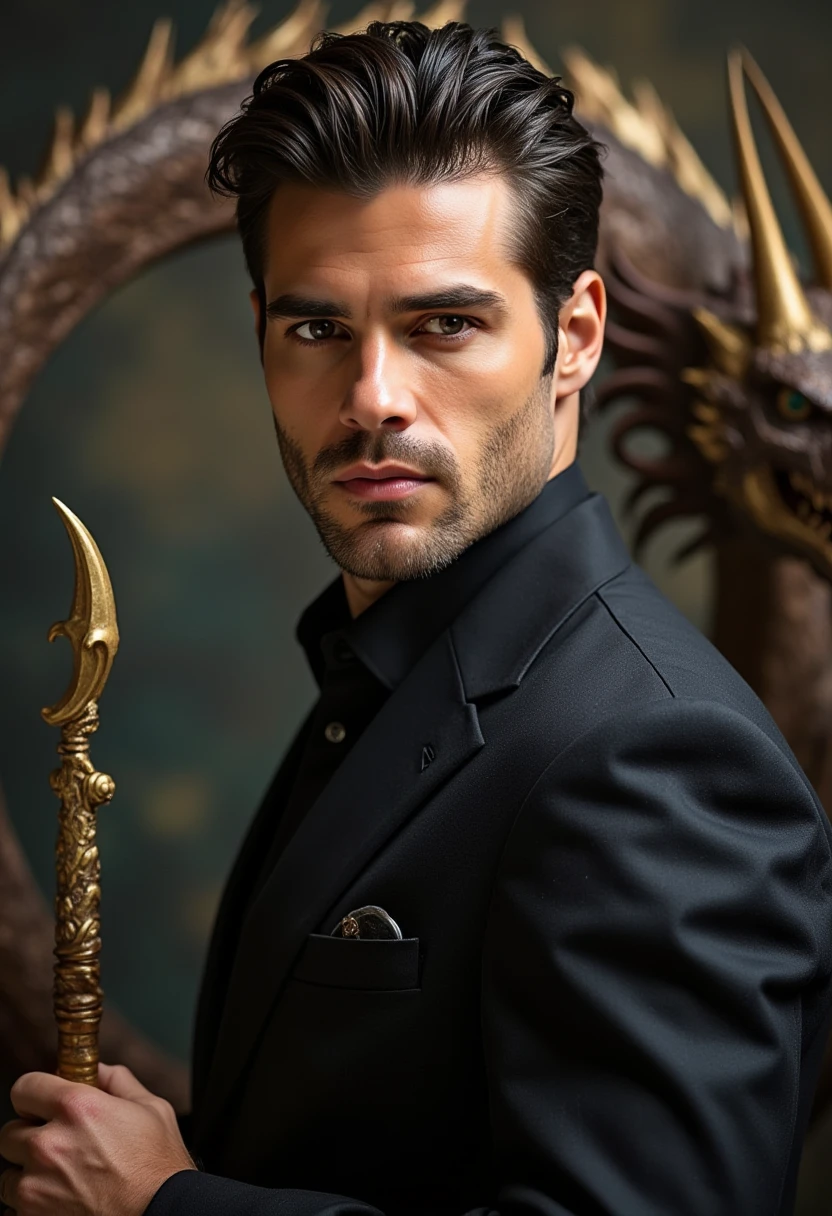 portrait of a good looking man, slicked back hair, holding a wand, dragon in the background, direct eye contact, looking at viewer