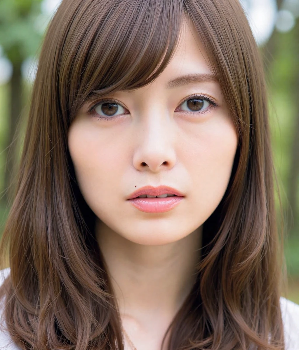 shiraishi, The image is a close-up portrait of a young woman's face. She has long, straight brown hair with bangs that fall over her shoulders. Her hair is styled in loose waves and falls over her forehead. She is looking directly at the camera with a serious expression on her face. The background is blurred, but it appears to be an outdoor setting with trees and greenery. The lighting is soft and natural, highlighting the woman's features. The overall mood of the image is serious and contemplative.