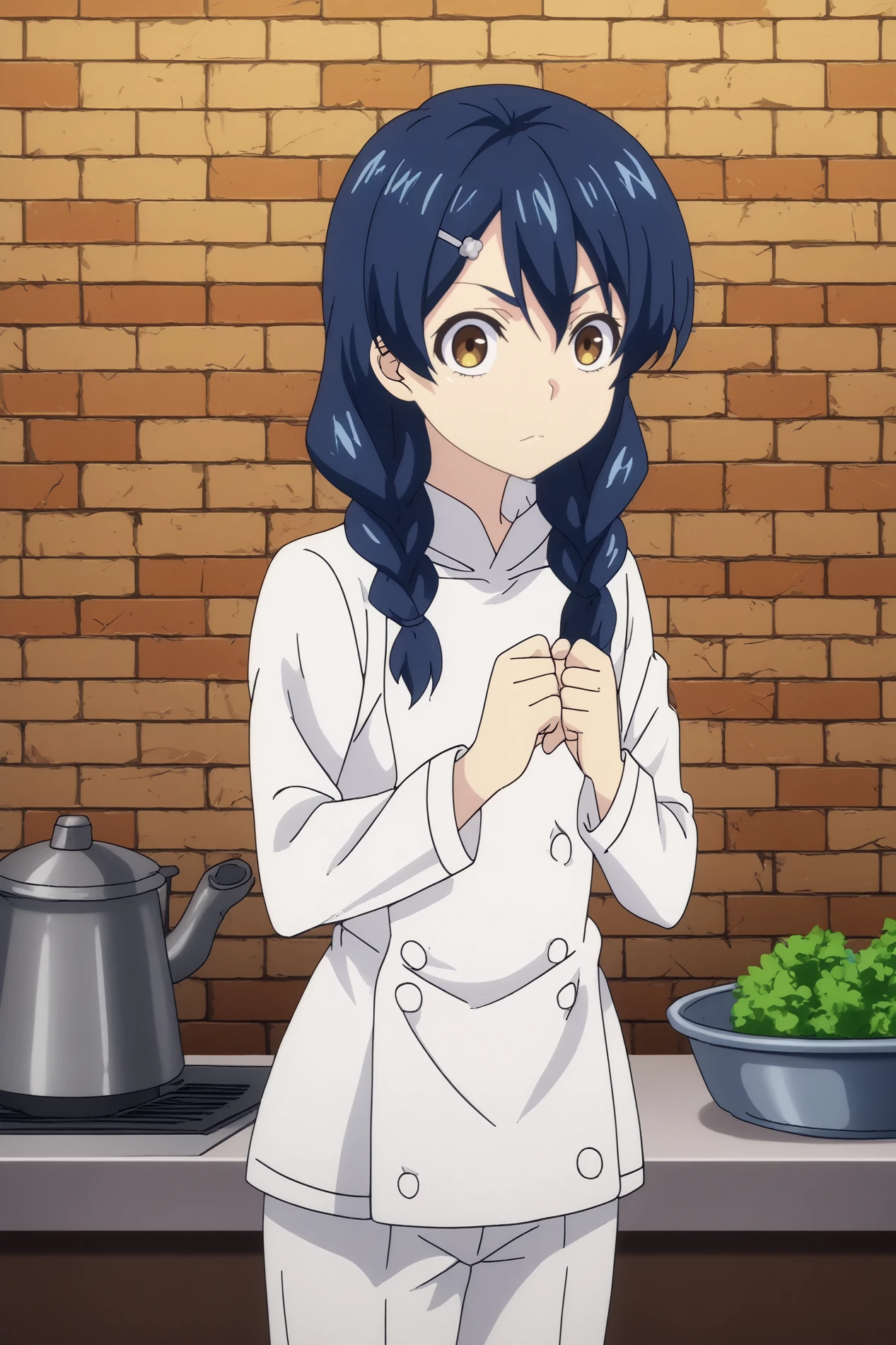 megumi tadokoro,1girl,solo,looking_at_viewer,twin braids,braid,yellow eyes,hair ornament,hair clip,chef,white shirt,white pants,breasts,upperbody BREAK indoors,Cozy,white walls,small sink, marble countertop, food,vegetables,fridge, warm light, vintage stove behind,window with a garden, kitchen,orange brick wall,restaurant kitchen  self hug,   <lora:Megumi_Tadokoro_-_Food_Wars.safetensors:0.8> <lora:detailed_backgrounds_v2.safetensors:0.8>