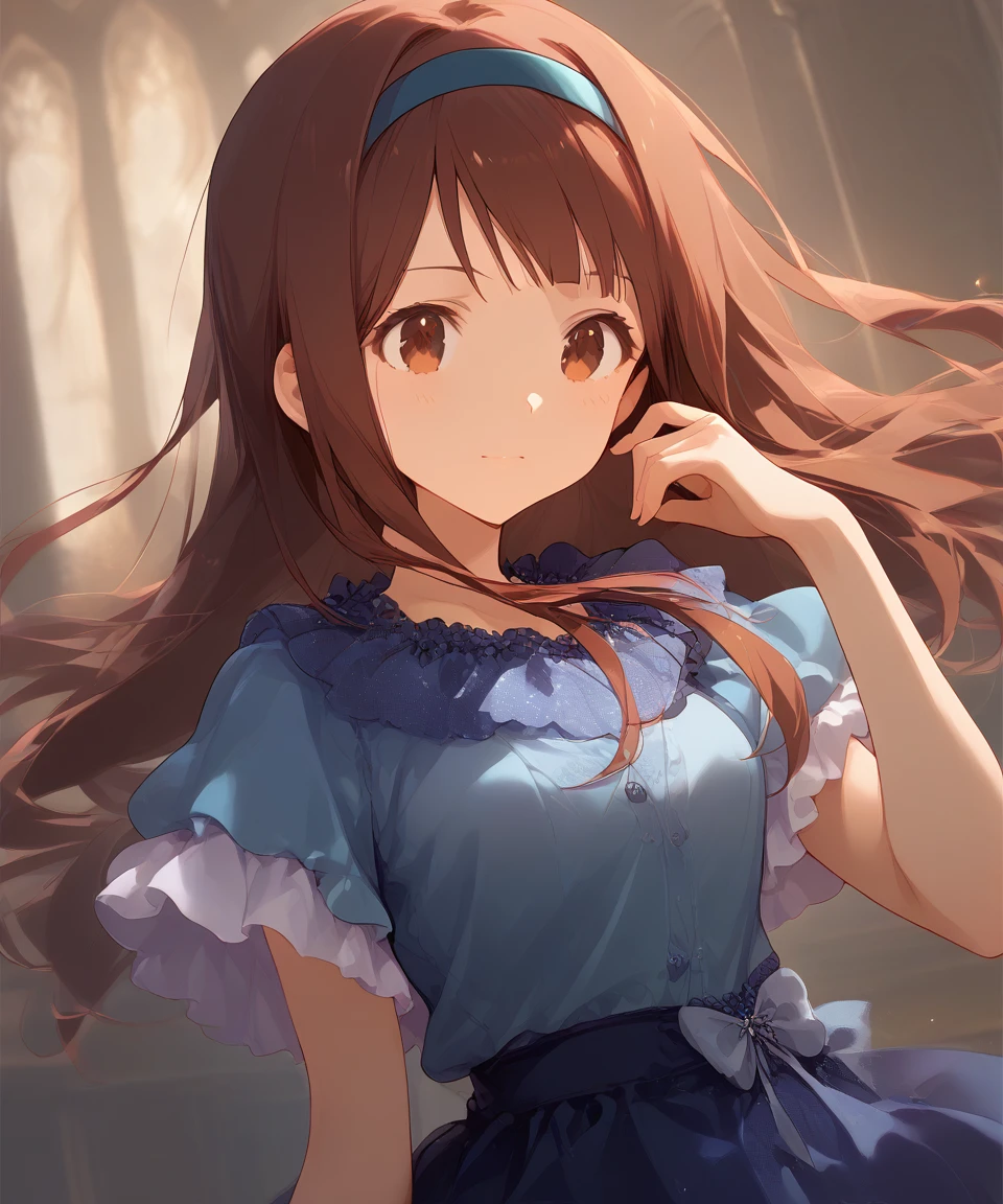 score_9,score_8_up,score_7_up,source_anime,zPDXL3,<lora:ç´å¶p:1>,1girl,bangs,brown eyes,brown hair,long hair,solo,blue hairband,medium breasts,