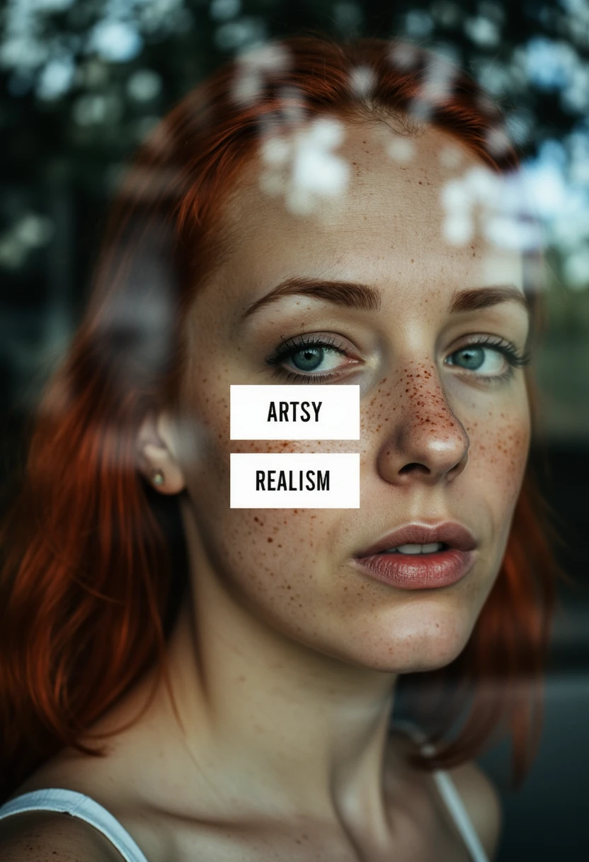 Artsy Photo with a white text featured in the center. White Bold Square text in the middle of the image reads "ARTSY REALISM" Blurry closeup of a redheaded woman with freckles looking through the glass of a window. View from outside through the glass. Glare in the window. trees casting shadows on the window and the woman's face. Full color artsy photograph. Chromatic aberration. film grain. exaggerated artistic film filter. Very high contrast and grainy.