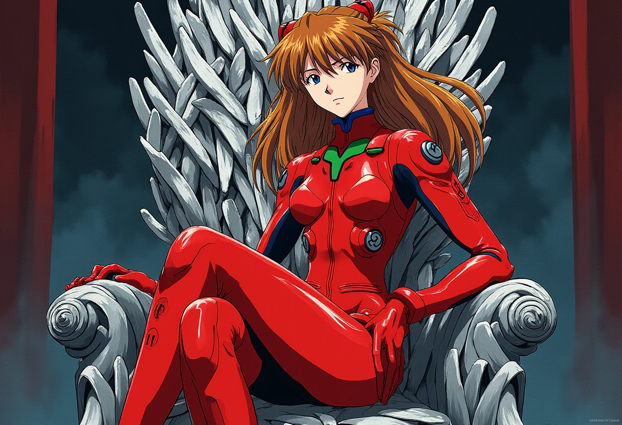 A detailed solo portrait of horaki hikari
Anime style, sharp, high contrast and highly detailed.,.
 <lora:evangelion_asuka_langley_flux_v1_2-000010:0.9> ppasuka
 ppasuka in red plug suit. She sits on the iron throne from game of thrones, one leg over another. She has a confident and haughty look.