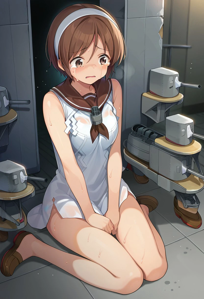 A Female robot wears white plain dress. She is sleeping in Obstetrics and gynecology, spread legs, nude, banzai pose, Brown short hair is tied with two big red clothespins, She lifts up the under hem of her white plain dress, leaning over, masterpiece, very short pigtails,brown hair, mature, android, blue eyes, full body figure, Height: 160cm, flushed cheeks, 2020s anime picture, A beautiful robot with short brown hair in two short pigtails held up by two very large huge red clothespins, Uplifting, No NSFW, whole body, barefoot, archaic smile, getting orgasm, 25 years old, sweat bucket, She is half sitting posture or crouching position. 