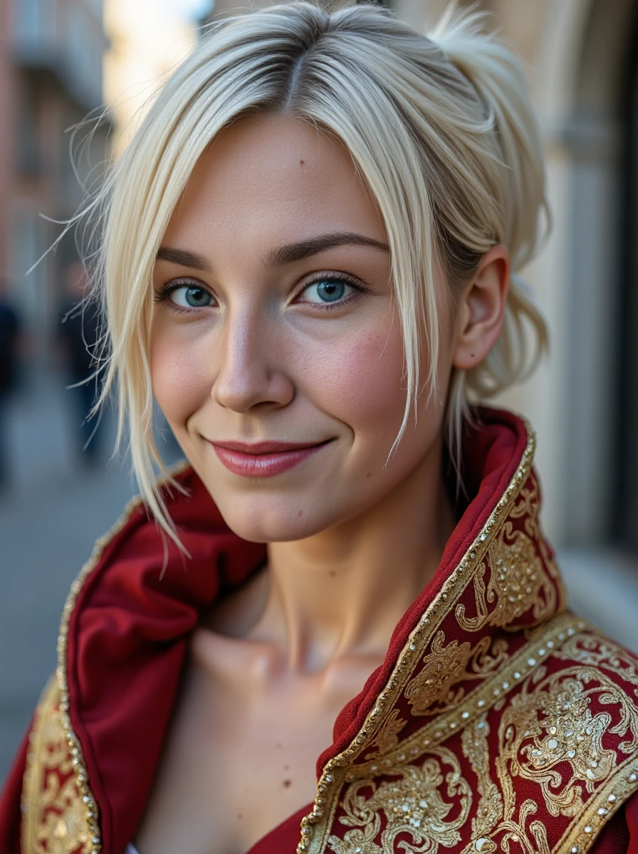 portrait photo of a woman, she has sleek short platinum-blonde hair with a ponytail style, with blue eyes, her skin has a high detailed texture and shows details like moles, small hairs and pores. She is wearing a Venetian Doge's ornate robe with gold brocade, a corno ducale cap, and ceremonial gloves, representing the maritime republic's wealth. Her expression is happy, she is looking at viewer. Set outside, with colod colors lighting. <lora:clairelora-000012:1.1>