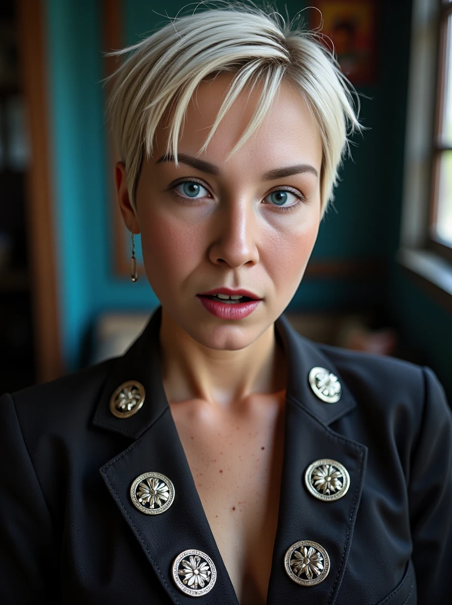 portrait of a woman, she has sleek short platinum-blonde hair with a messy style, with blue eyes, her skin has a high detailed texture and shows details like moles, small hairs and pores. She is wearing a mariachi-inspired suit with huge, jingling silver buttons and an oversized sombrero that spins like a fan, complete with shoes that clack like castanets. Her expression is aroused, she is looking at viewer. Set inside, with colod colors lighting. <lora:clairelora-000012:1.1>