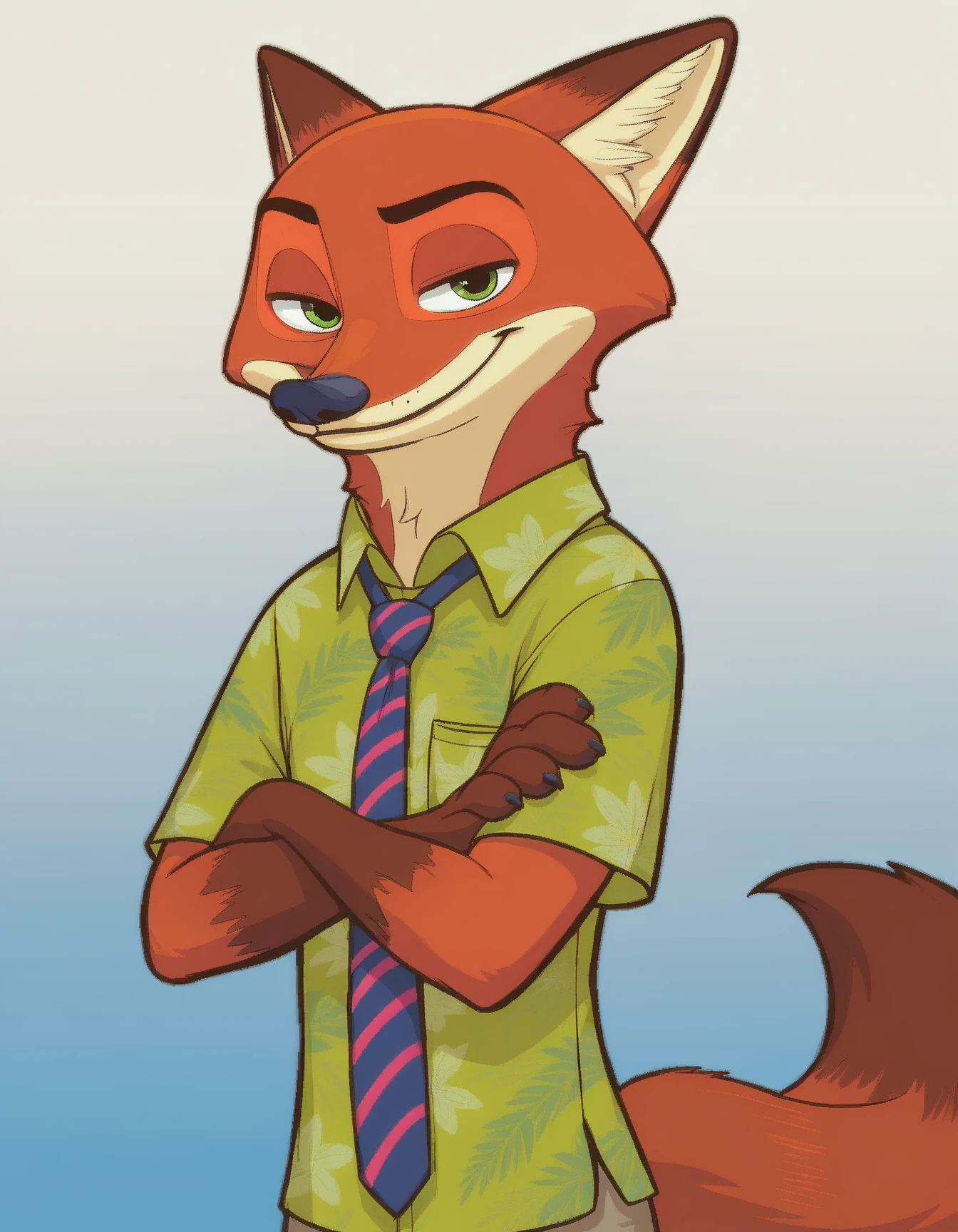 score_9, score_8_up, score_7_up
Nick_Wilde, solo, green eyes, green hawaiian shirt, pants, fox tail, necktie, gradient background, looking at viewer, crossed arms, closed mouth, smile
 <lora:Nick_Wilde_XL:0.7>