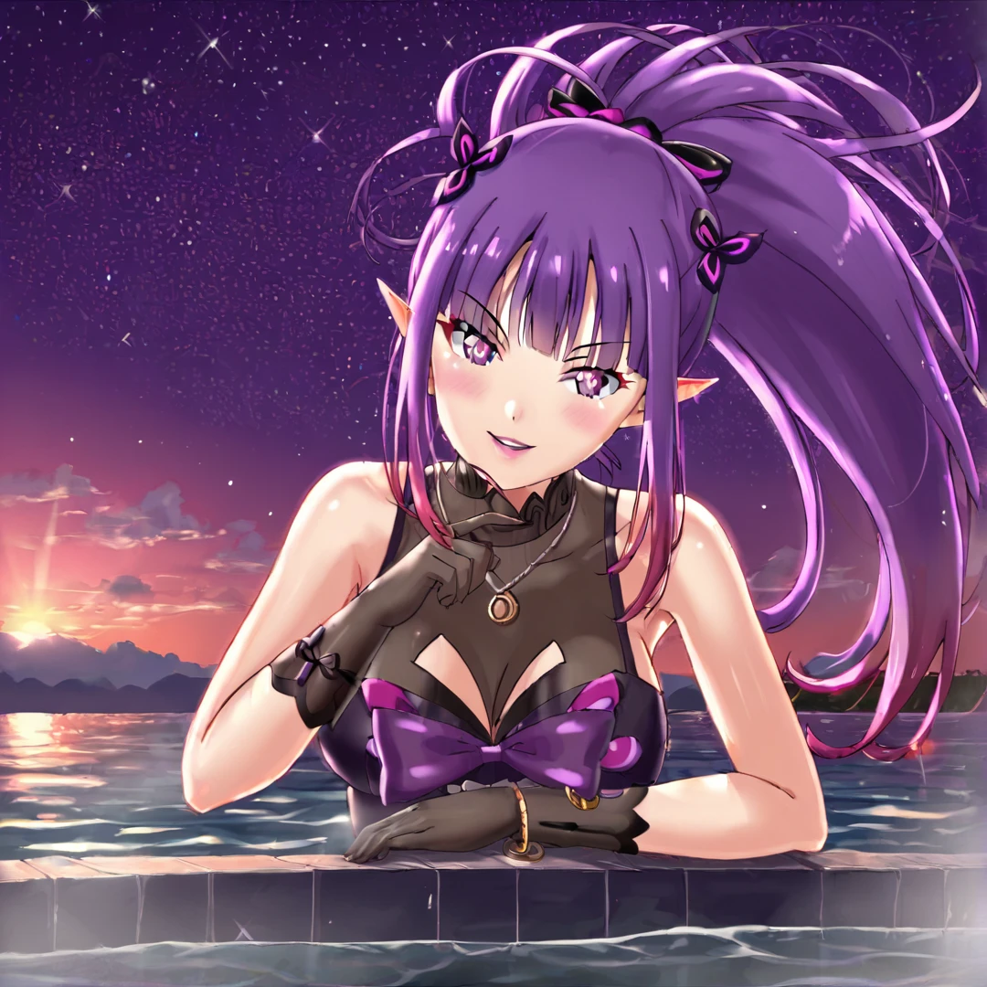 <lora:Lilac:1>, lilac, cute face, violet purple pupils, purple lipstick, large breasts, large butt, pointy ears, long purple hair, two black mariposa lily, short black sleeveless dress, crimson red rose on her left arm, a dagger wrapped around on her hips, and a small gold locket around her neck, a purple bow as a choker