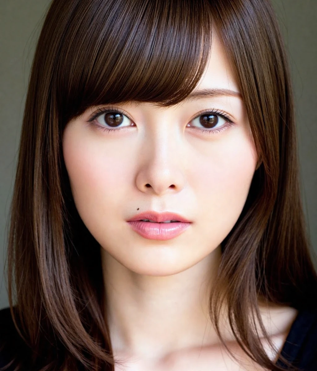 shiraishi, The image is a close-up portrait of a young woman with long, straight hair. She has a serious expression on her face and is looking directly at the camera. Her hair is styled in loose waves with bangs framing her face. She is wearing a black top and her makeup is natural-looking with a hint of pink lipstick. The background is blurred, making the focus of the image the woman's face the focal point.
photography works, Soft lighting. 
