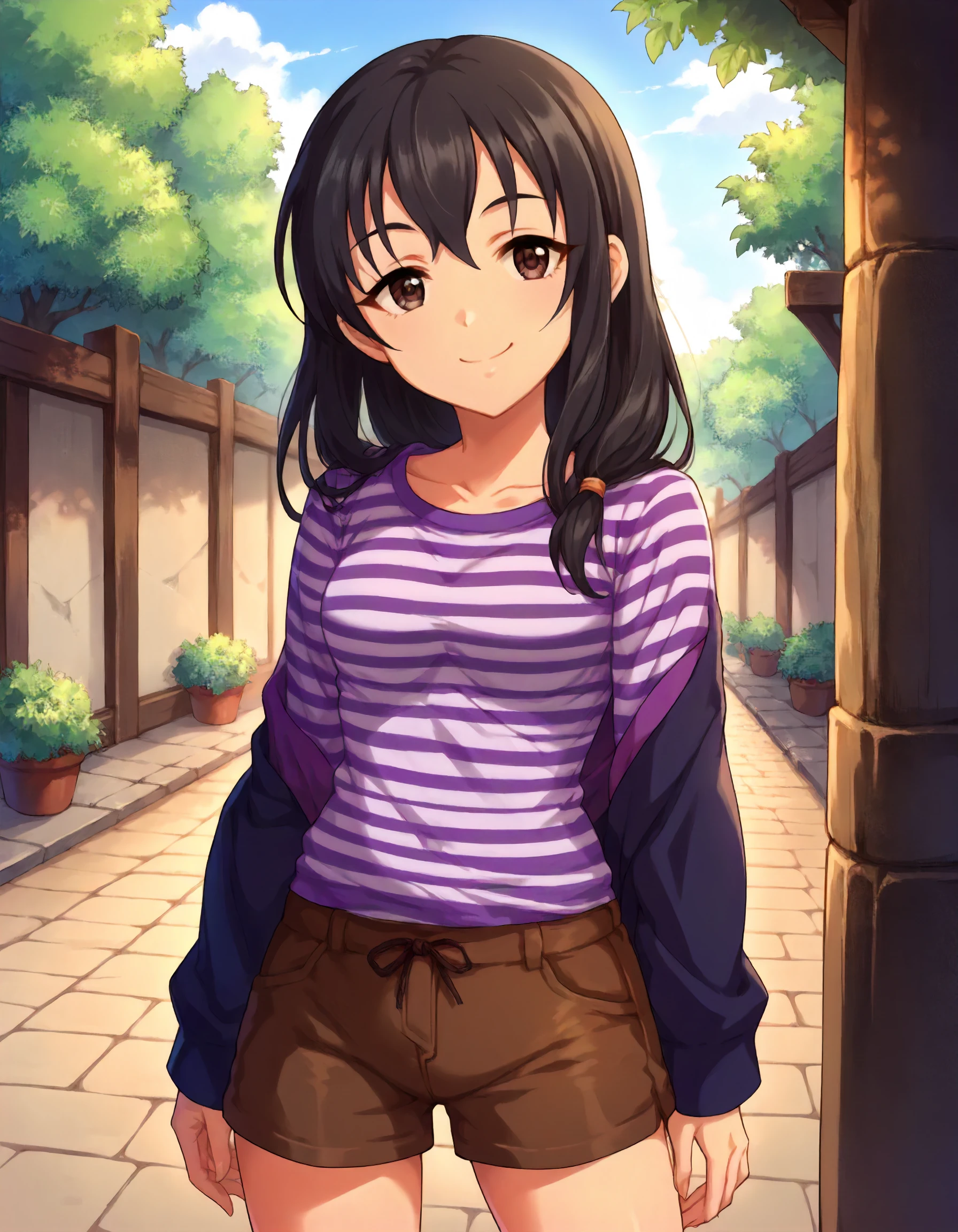 score_9,score_8_up,score_7_up,1girl,solo,cowboy shot,smile,closed mouth,looking at viewer,outdoors,
<lora:fujiwarahajime_ponyXLV6:0.8>,cgfh,
black hair,medium hair,brown eyes,
purple striped shirt,brown shorts