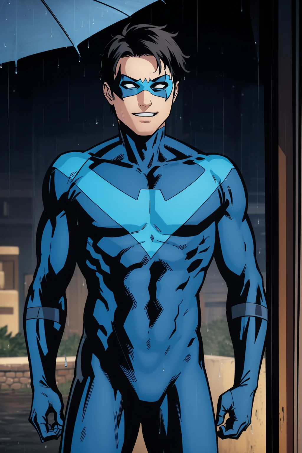 Nightwing,1boy,solo,black hair,short hair,domino mask,no pupils,black and blue bodysuit,superhero, raining, Rain, smile, masterpiece, Best quality