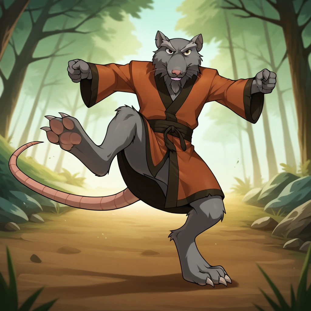 score_9, score_8_up, score_7_up, score_6_up, score_5_up, score_4_up, source_furry, Splinter03, anthro, male, rat, grey fur, rat tail, digitigrade, barefoot,  forest, red-orange kimono, fighting, kicking, 1boy, solo, <lora:67ce66f6-7060-4e4c-8eb0-83d12ae32932:0.7>