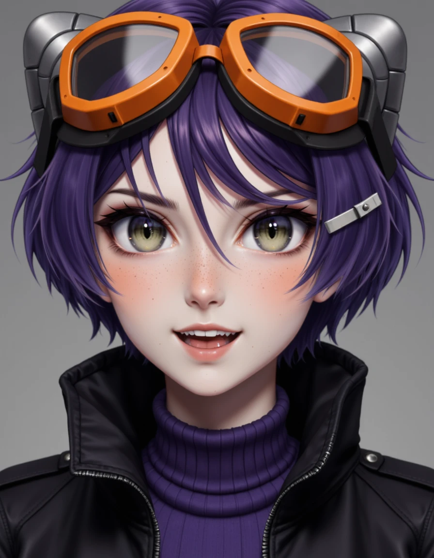 <lora:jeanfaymas-flux:1> jeanfaymas, a <lora:real-lora:1.2> (ultrarealistic:1.2) portrait photo of short, purple hair, wearing a black, high-collared coat with a purple ribbed collar and large, orange goggles on their head. She has a gray metallic head accessory. She has have bright grey-green eyes and a playful expression, with their mouth slightly open. A small, white hair clip is visible on the right side of their head.