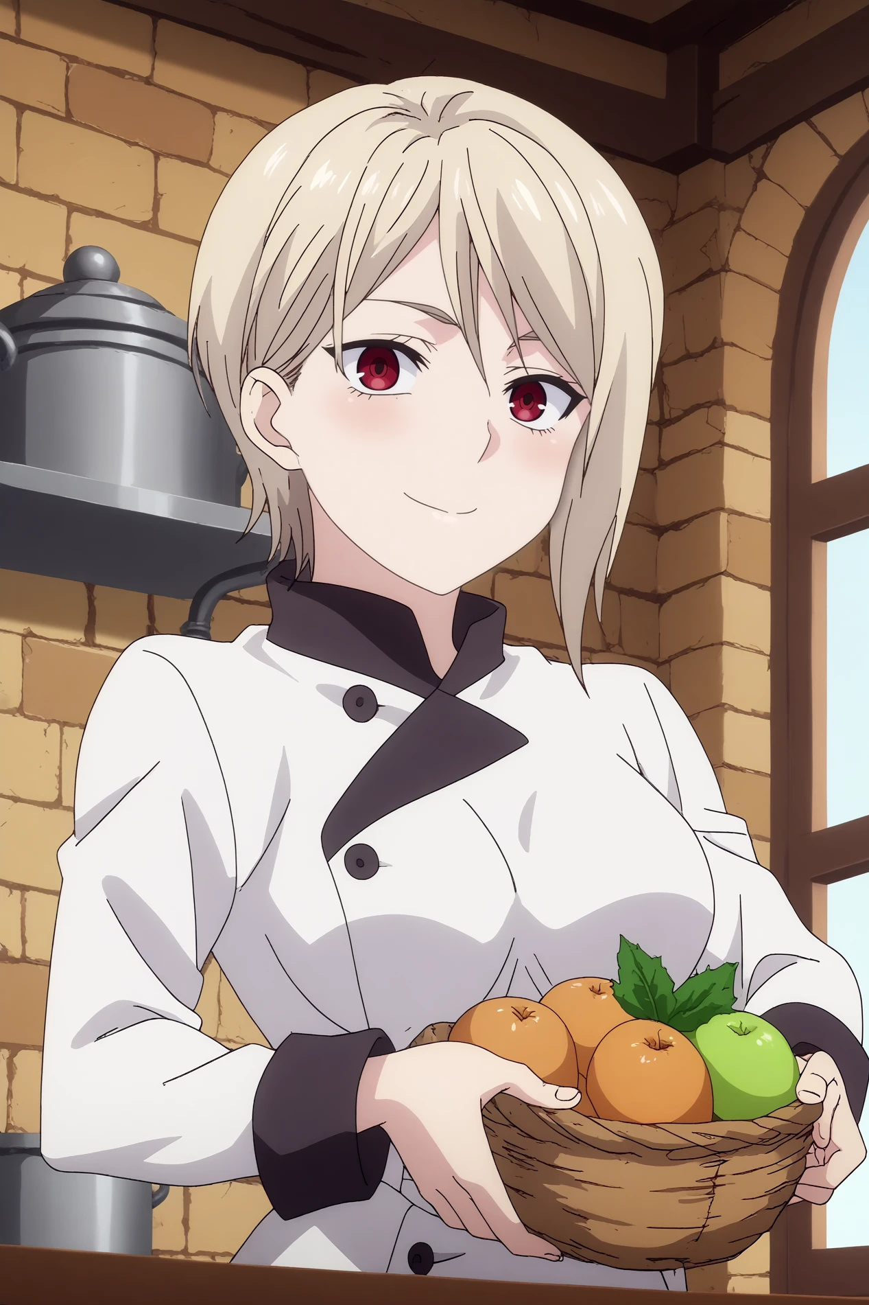  alice nakiri,1girl,solo,chef,white shirt,short hair,white pants,breasts,dutch angle,looking at viewer,mature,smile,upper body BREAK indoors,Cozy, white walls,small sink, marble countertop, herb pots, warm light, vintage stove behind, fruit basket,window with a garden, kitchen,orange brick wall  Posing with arms wrapped around oneself,  <lora:Alice_Nakiri_-_Food_Wars.safetensors:0.8>