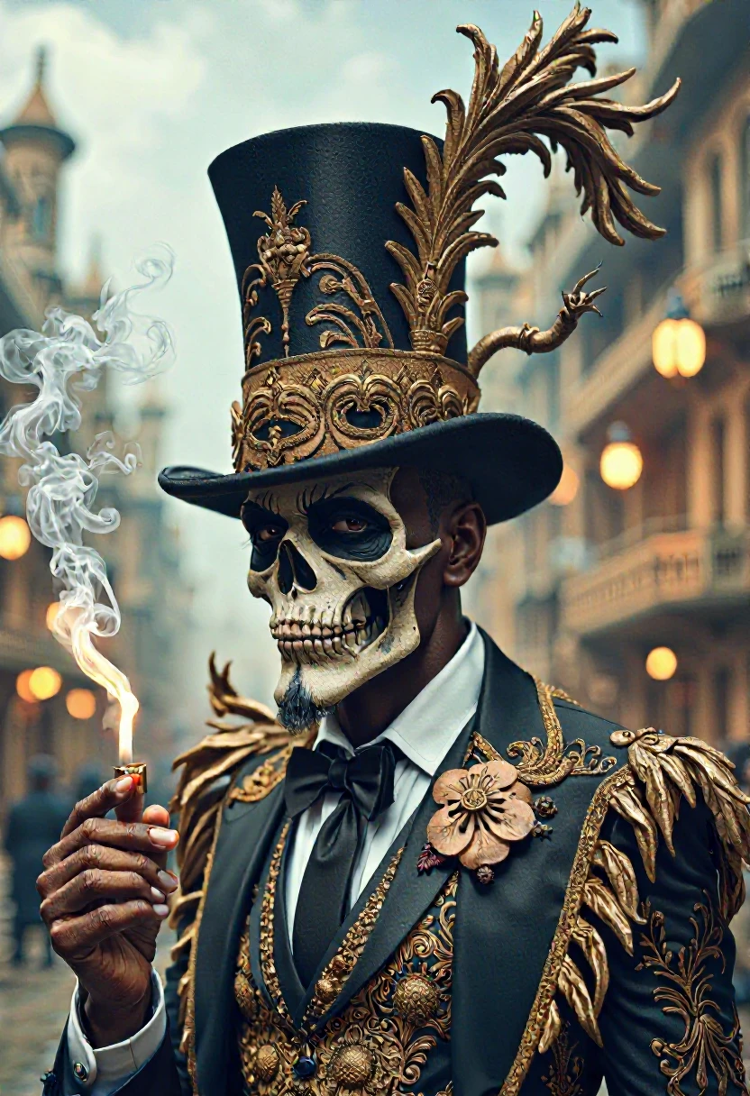 8k , uhd, masterpiece , baron_samedi,An intense  photo of Baron Samedi is a man with a three-piece suit trimmed with gold. He wears a top hat with a leather strap trimmed around his waist. He wears a black ascot, and a black colored vest trimmed with gold. He wears skull makeup and smokes a huge cigar. In his left hand he carries a cigar, smoke comes out of his right shoulder.