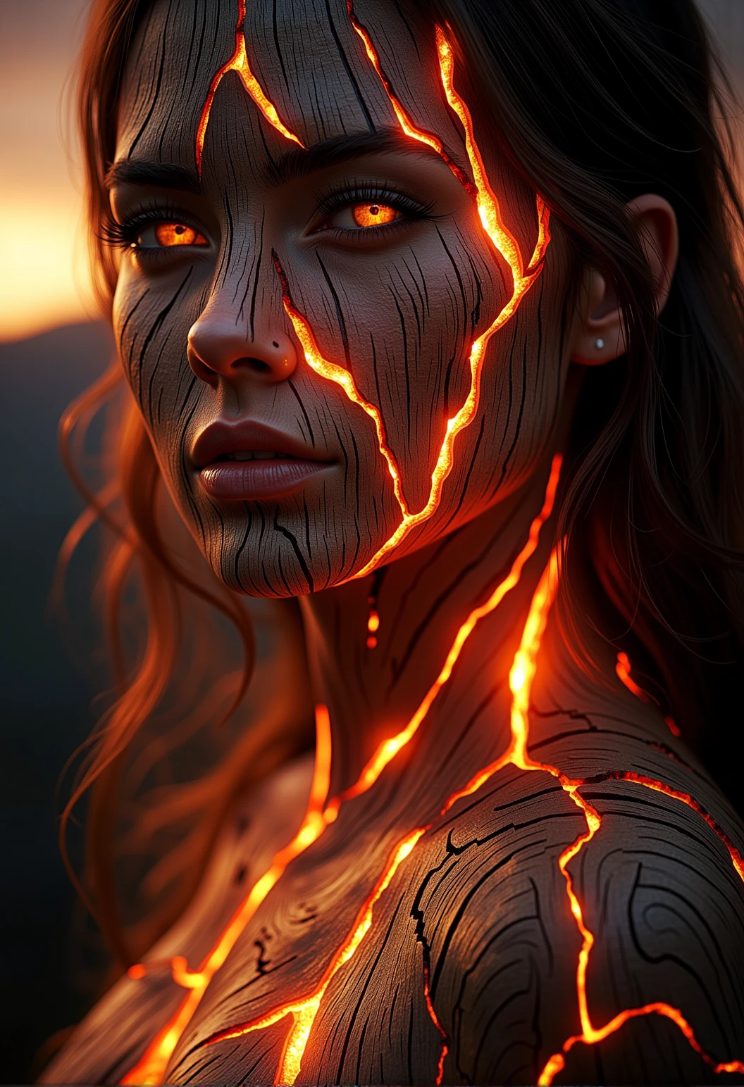 A close-up of a stunning woman whose skin is partially embellished with glowing wood veins that flicker softly in the light, her eyes open and expressive, her hair flowing softly|A close-up of a tree with ember-like veins glowing faintly against a fiery twilight sky, small patches of bark showing faint glowing wood, gently illuminating the scene}|A wide-angle shot of a majestic deer standing in a glowing forest, its antlers subtly adorned with glowing wooden cracks}|A panoramic view of a glowing wooden temple at dusk, with parts of the wooden structure softly glowing, casting gentle light onto the surroundings}|A massive dragon flying over a mountain range at twilight, glowing wooden cracks running along its wings, casting faint light onto the ground below|A mythical phoenix rising from glowing wooden ashes, its wings merging with soft, glowing wooden veins, radiating warmth as it soars}} Epic cinematic lighting, soft glowing wood textures, subtle embers, dramatic shadows, backlit glow, high contrast, lens flare, deep focus, ultra-realistic details, vivid colors, high dynamic range, volumetric lighting, breathtaking scale, photorealism, hyper-sharp focus, intricate details, stunning cinematic atmosphere. , <lora:bv-glowing-wood-v1.safetensors:0.5:0.5>