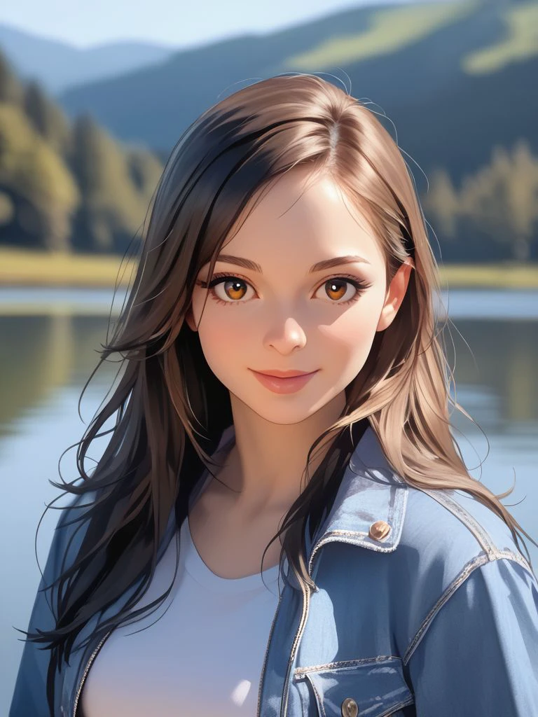 <lora:K4t3S4m_pdxl_v10:0.8>, K4t3S4m, 1girl, solo, long hair, looking at viewer, smile, upper body, Denim Jacket, lake, masterpiece, best quality, highly detailed, score_9, score_8_up, score_8, semi-realistic, photorealistic, <lora:add-detail-xl:0.9>, zPDXLrl, realistic eyes, hyper realistic eyes, pretty eyes,