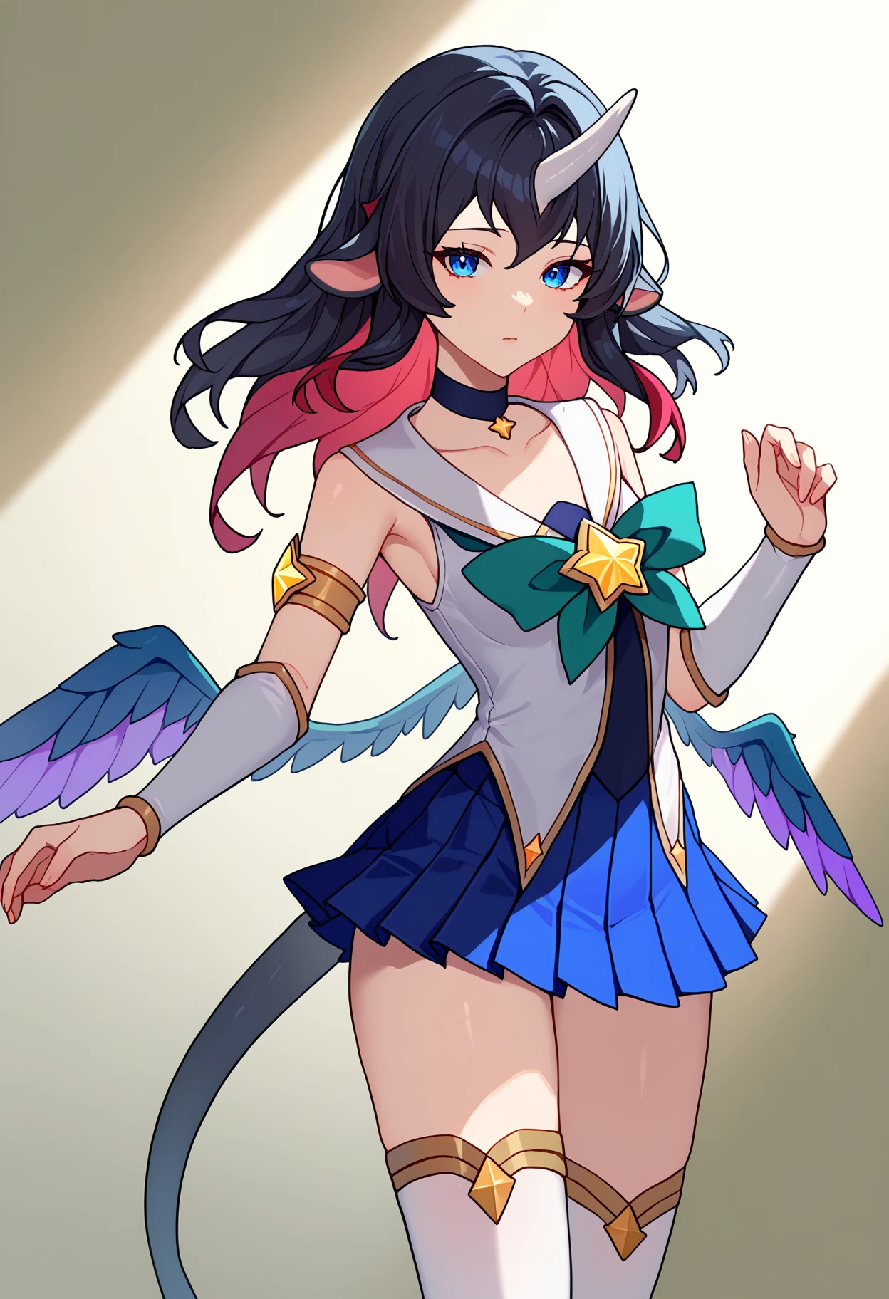 score_9, score_8_up, score_7_up, source_anime,
BREAK
<lora:shistarguardianV1:1.0>, 
shistarsor, starguardianstyle, magical girl, hair ornament, alternate costume, star guardian \(league of legends\), 
green bow, jewelry, white shirt, blue skirt, armlet, choker, pleated skirt, zettai ryouiki, white thighhighs,  
wings, horns, single horn, feathered wings, white wings, collarbone, 
alternate hair color, elbow gloves, 
1girl, solo, 
<lora:shiJaneDoeTestV1:1>, shijanegame, long hair, black hair, animal ears, mouse ears, blue eyes, multicolored hair, red hair,
tail,