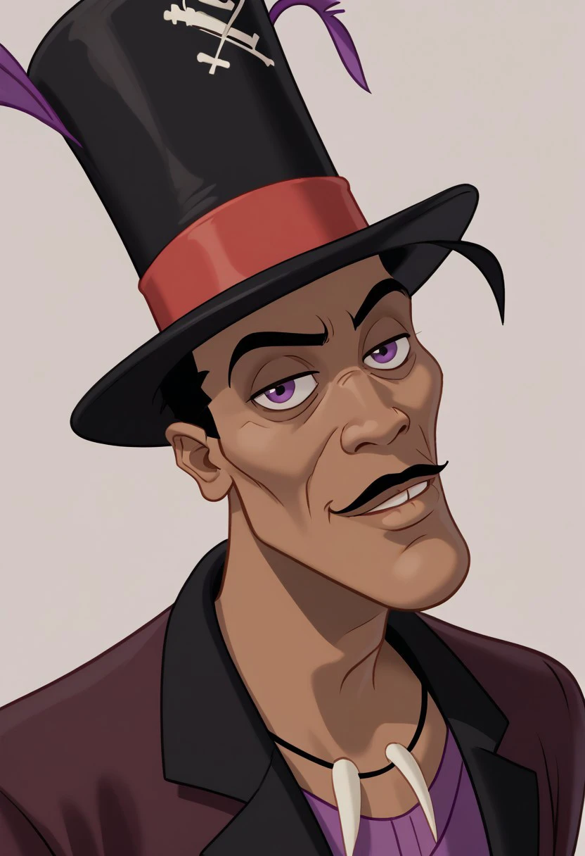 dr facilier, Black hair, purple eyes, moustache, brown skin, tooth gap, skinny, male, solo, top hat, Signature outfit, PORTRAIT