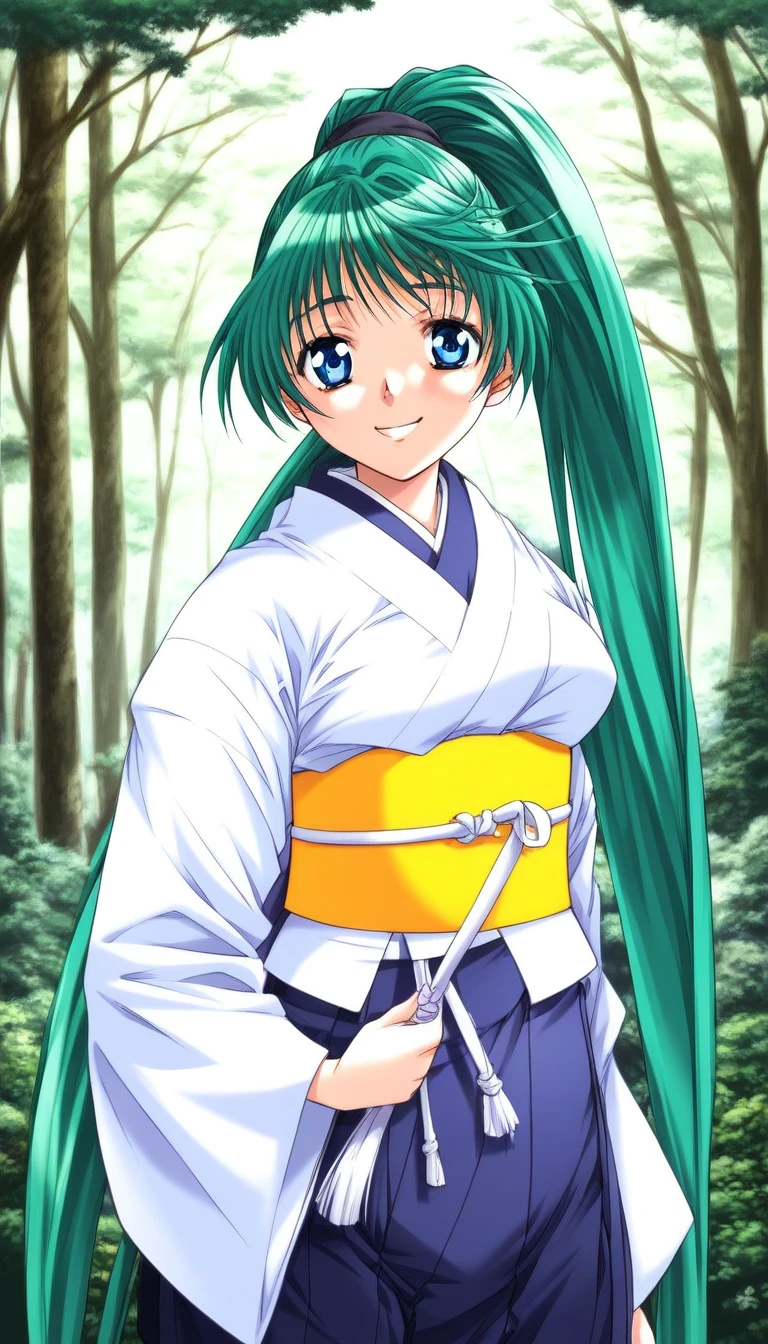 score_9, score_8_up, score_7_up, source_anime, rating_explicit, BREAK  <lora:Narahara_Narumi_XL:1>Narahara_Narumi, green hair, blue eyes, very long hair, ponytail, breasts,
1girl, solo, japanese clothes, nature, forest, white kimono, tree, smile, sash, hakama, outdoors, hakama skirt, Yellow obi