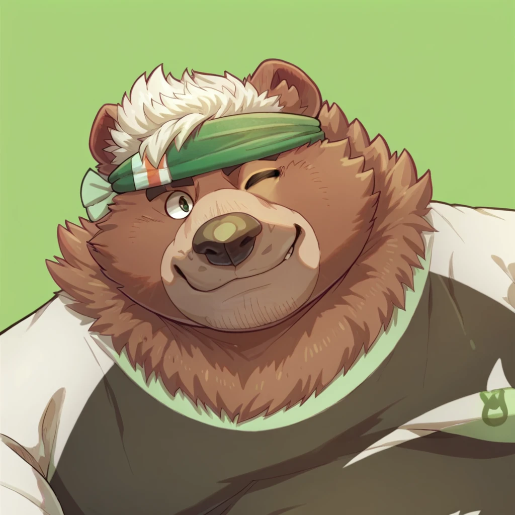 score_9, score_8_up, score_8, furry, Goro, bear, brown fur, white hair tuft, cartoon style, 2d, overweight male, big belly, solo, upper body focus, headband, shirt, looking at viewer, wink, one eye closed, smile, face close up, green background