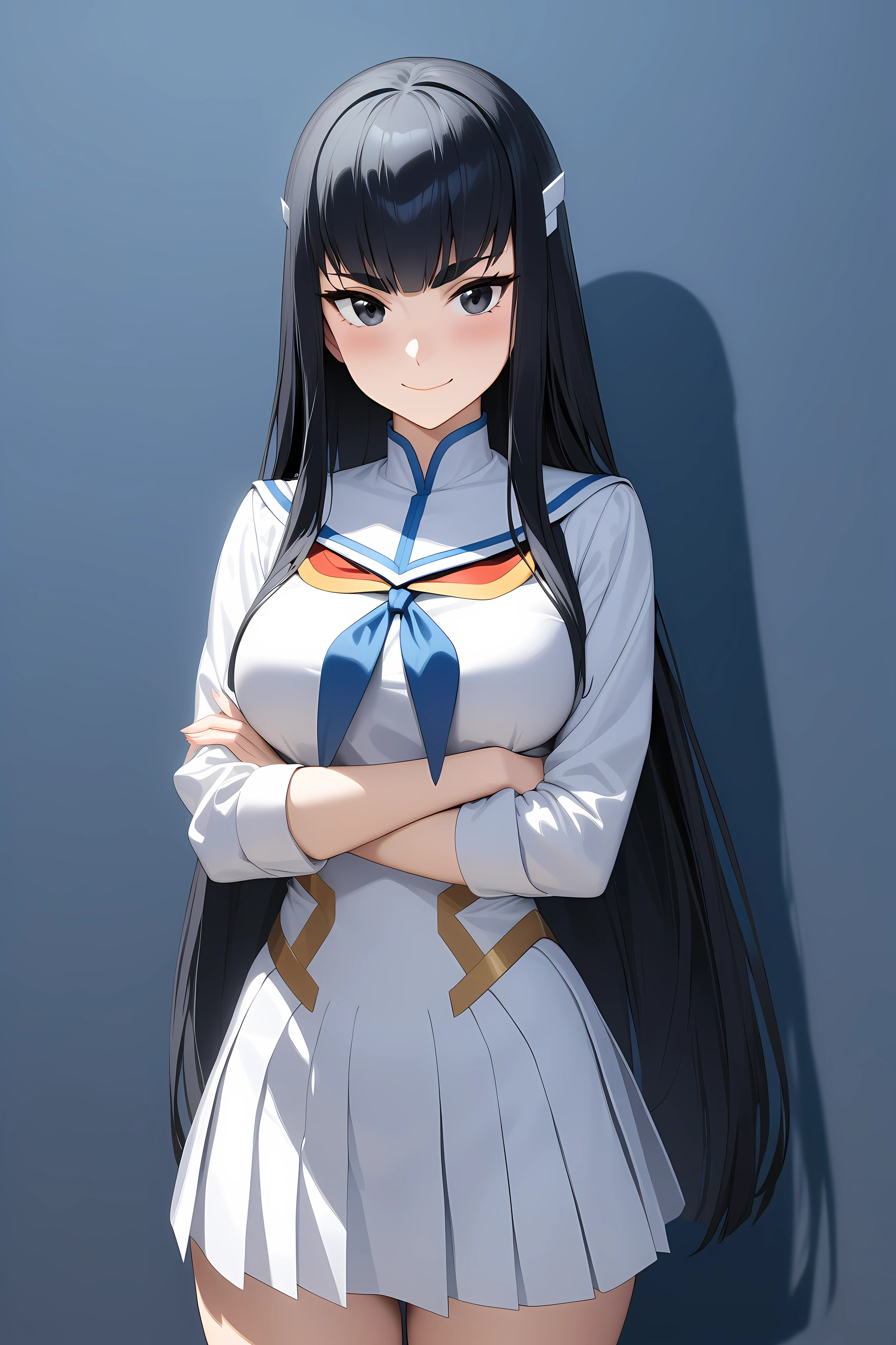 kiryuin_satsuki, black hair, long hair, schooluniform, white uniform, black eyes, cowboy shot, crossed arms, smile, <lora:Kiryuin_Satsuki_-_Kill_La_Kill:1>, (masterpiece),(best quality),(ultra-detailed),(best illustration),(best shadow),(absurdres),(detailed background),(very aesthetic),