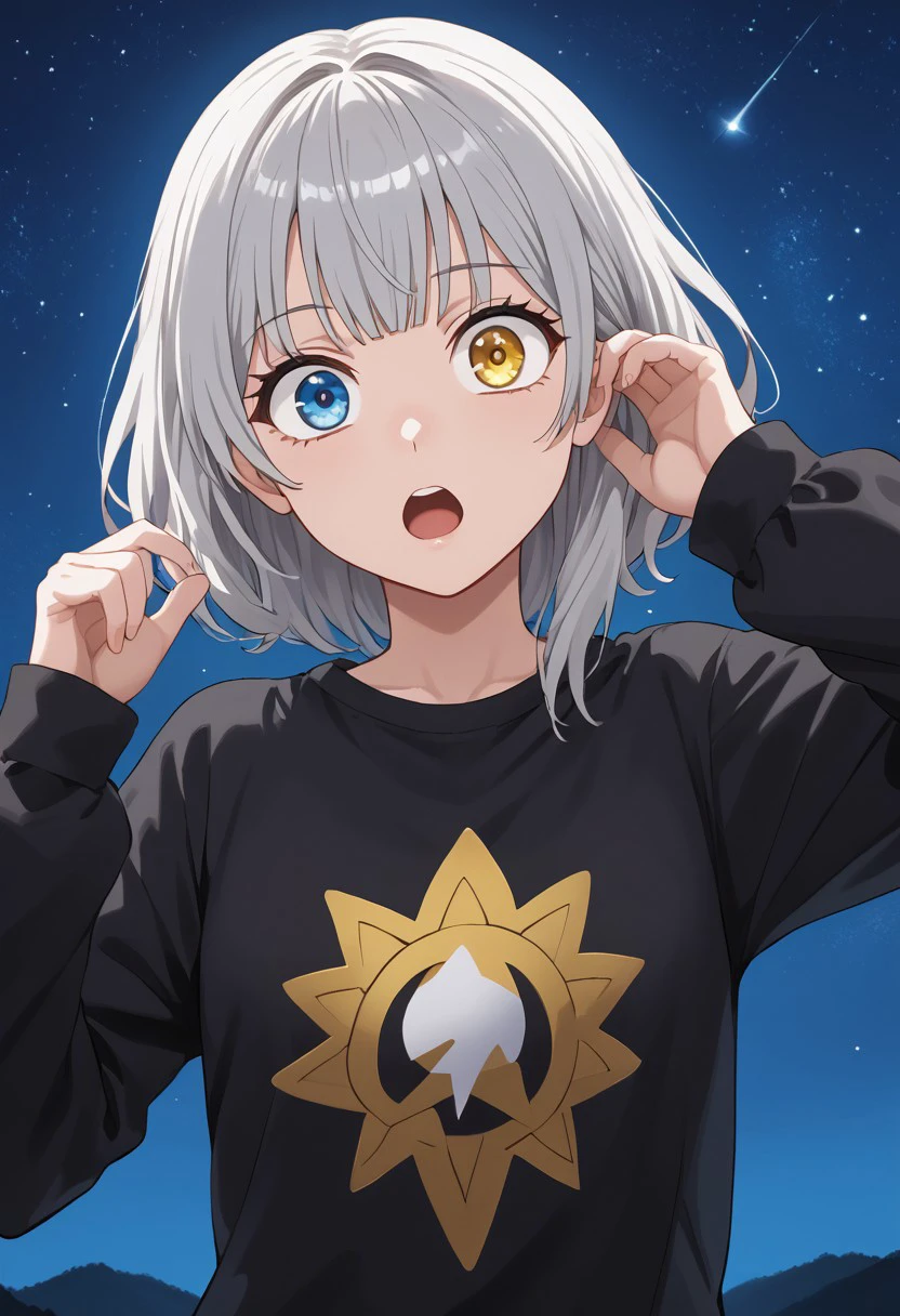 (masterpiece), best quality, expressive eyes, perfect face, raana, white hair, grey hair, (yellow eyes:1.1), (blue eyes:1.1), heterochromia, looking at viewer, wide eyes, star (sky) , galaxy, meme, black shirt, long sleeves, night, surprised,  :3