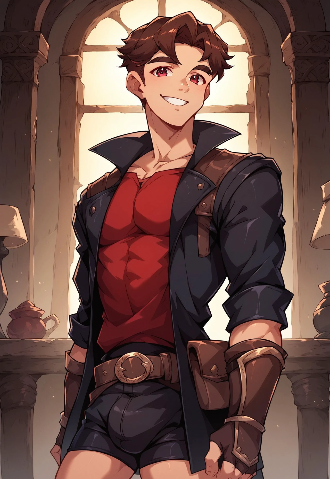  8k, score_9, score_8_up, score_7_up, 4LEX_RSP, masterpiece,1boy, solo, muscular twink, slim body, lean, beautiful eyes, brown hair, darkred eyes, red tunic, short sleeves, black shorts, brown belts,belt pouches, brown fingerless gauntlets, bracers, (long black coat), smile, 3/4 view, room, scrolls, flasks