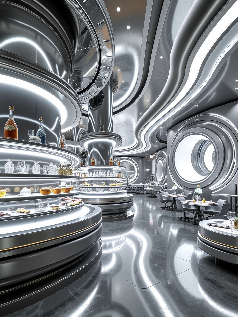 spacebylaushine,futurist-curve space,sci-fi of a michelin Restaurant space is made up of silver,filled with lots of chairs and tables,wide shot