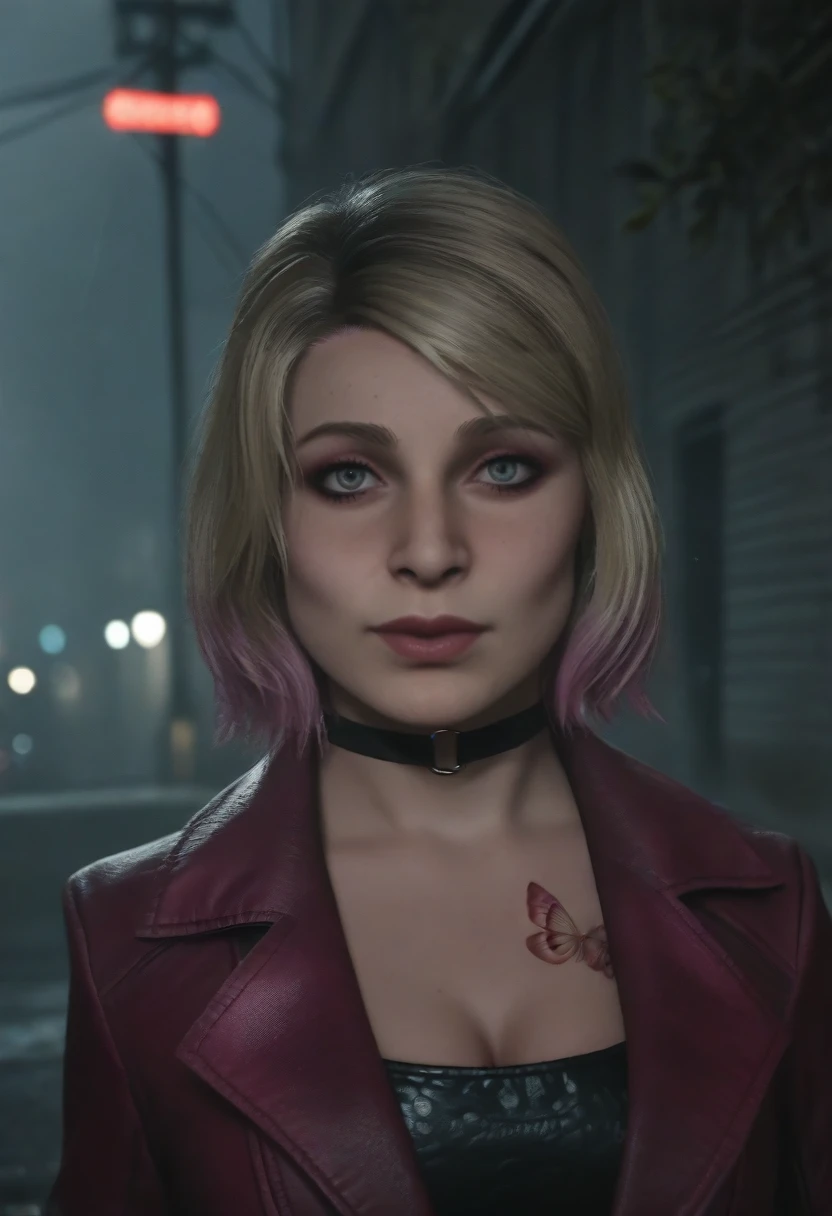 score_9, score_8_up, score_7_up, rating_safe, 
1girl, solo, (<lora:SH2R_Mary:0.85> SH2R_Mary, blonde hair, short hair, multicolored hair, pink dyed tips, blue eyes, makeup, pink eyeshadow, magenta lipstick, butterfly tattoo on her chest, wearing a black sequin dress, a purple leather jacket, purple leather belt, black pantyhose, bracelet, ring, black choker, purple nails, brown leather boots), 
clothed, clothed_female, clothing, tight_clothes, skindentation, skimpy_outfit, 
 (looking away from the viewer), solo focus, pov, large sagging breasts
L USM, From below, looking straight up at the subject, shot on a compact camera camera, cinematic lighting,
detailed, ultra detailed,
<lora:Silent_Hill_Style:0.6> Silent Hill, scenes from the movie, screenshots, movie scene, cinematic shot, 
cinematic, depth of field, bokeh, best quality, film grain, realistic, raw, 8k uhd, ultra-detailed, Rim Lighting, Rays of Shimmering Light,
(location is a busy city street with tall buildings, traffic lights, bustling sidewalks:1.2),
weather is rainy,
season is autumn,
time of day is at night,
(((Ultra-HD-details))), (((Ultra-HD-quality-details)))