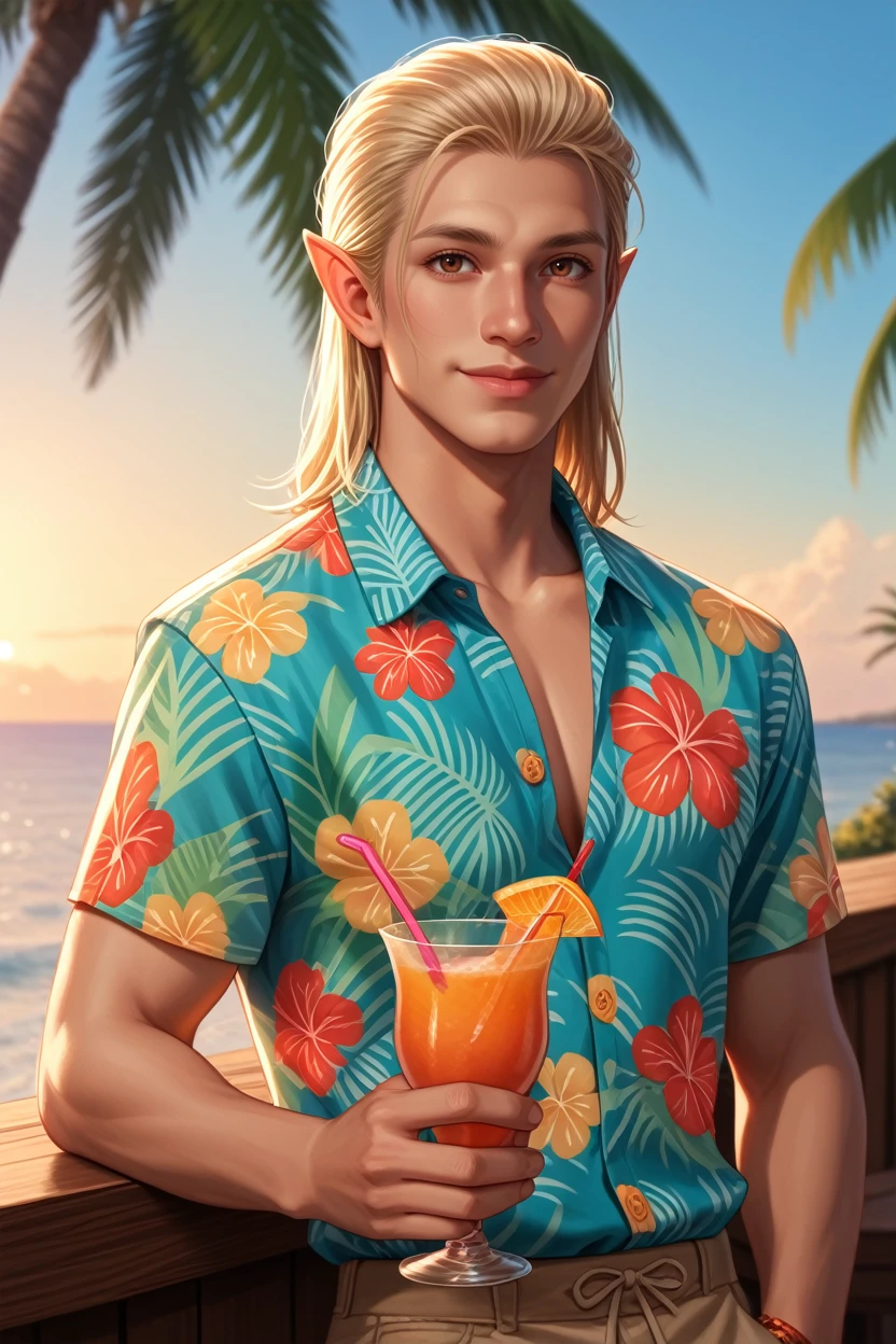 score_9, score_8_up, score_7_up,
<lora:DAZevran:0.8>
DAZevran, 1boy, blonde hair, brown eyes, pointy ears, tanned skin, looking at viewer, wearing a Hawaiian shirt, smiling, holding a cocktail, vibrant sunset, palm trees swaying in the breeze, tropical vibes