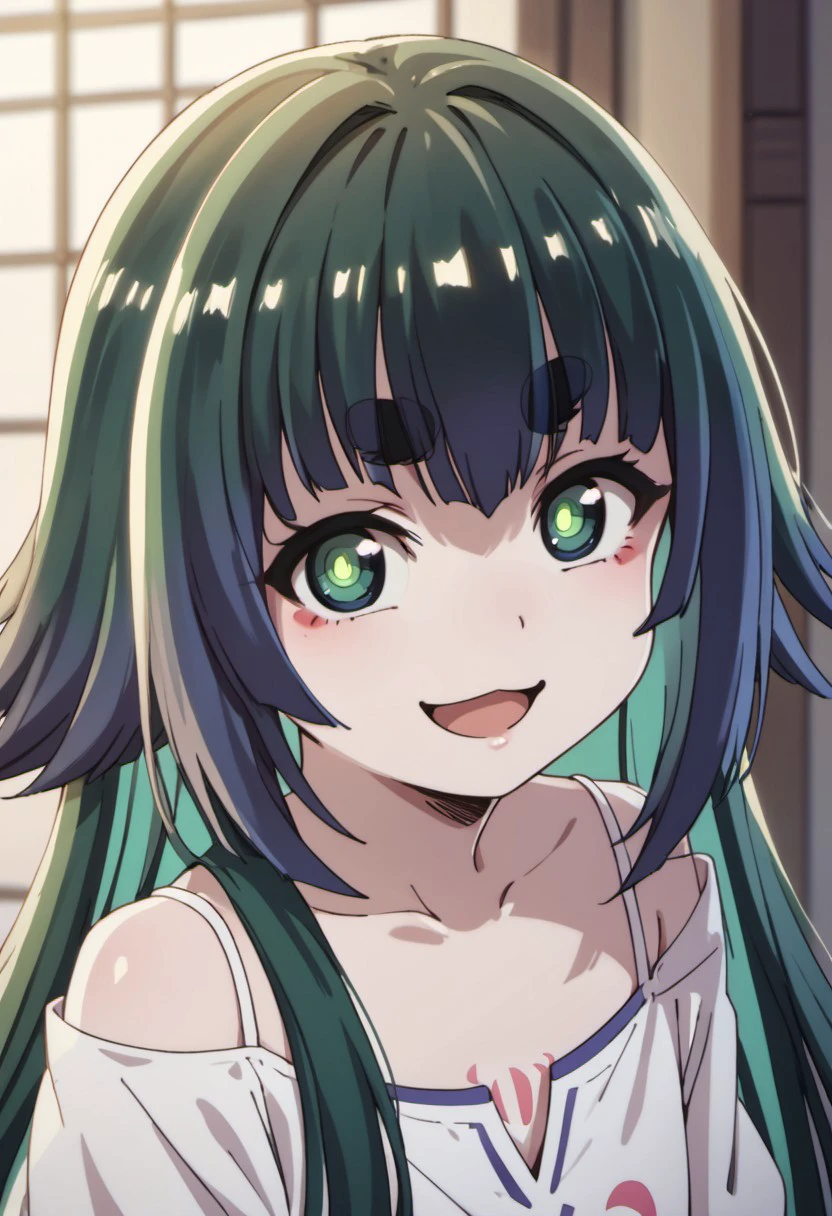 score_9, score_8_up, score_7_up, source_anime,mitama, long hair, collarbone, dark green hair, thick eyebrowsm, short eyebrows, green eyes, 1girl, solo, thick eyebrows, smile, open mouth, :d, looking at viewer