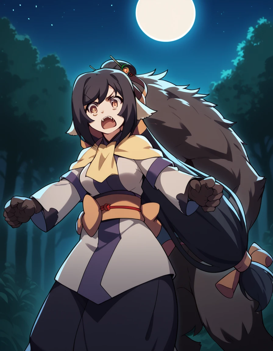 score_9, score_8_up, score_7_up, source_anime, <lora:utawarerumono-kuon-s2-ponyxl-lora-nochekaiser:1>, kuon, long hair, black hair, hair ornament, animal ears, brown eyes, very long hair, ponytail, low-tied long hair, medium breasts,, <lora:werewolf-ponyxl-lora-nochekaiser:1>, werewolf, furry, fangs, animal ears, gloves, angry, teeth, animal ear fluff,, forest, night, moon, open mouth, , dutch angle, cowboy shot