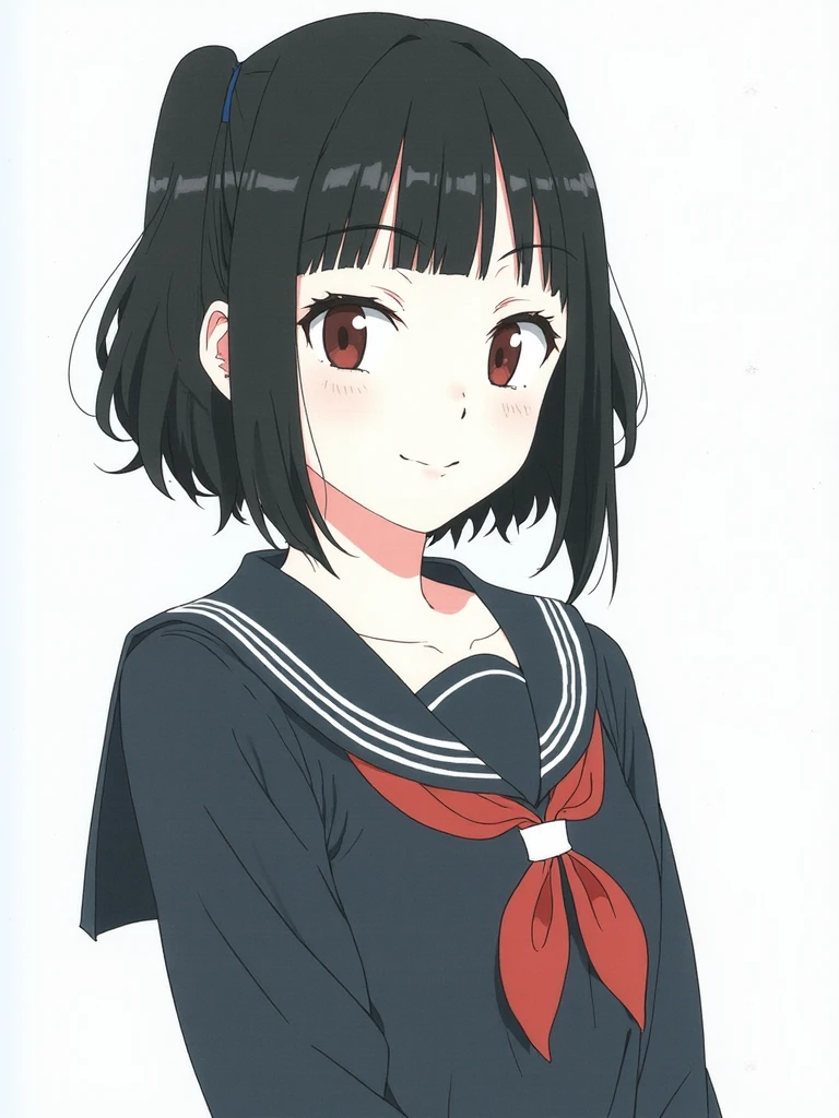 atori, an illustration of Shinomiya Kaguya from "Kaguya-sama: Love is War" in her Shuchiin Academy uniform. The image focuses on her upper body against a plain white background.

Kaguya has short black hair styled in a folded ponytail, with parted bangs framing her face and distinctive sidelocks. Her striking red eyes gaze directly at the viewer, complemented by a gentle smile with slightly parted lips. A subtle blush adorns her cheeks, adding warmth to her expression.

She's wearing the black dress uniform of Shuchiin Academy, featuring long sleeves and a prominent red ribbon at the neck. The uniform is elegant and refined, befitting Kaguya's noble character.