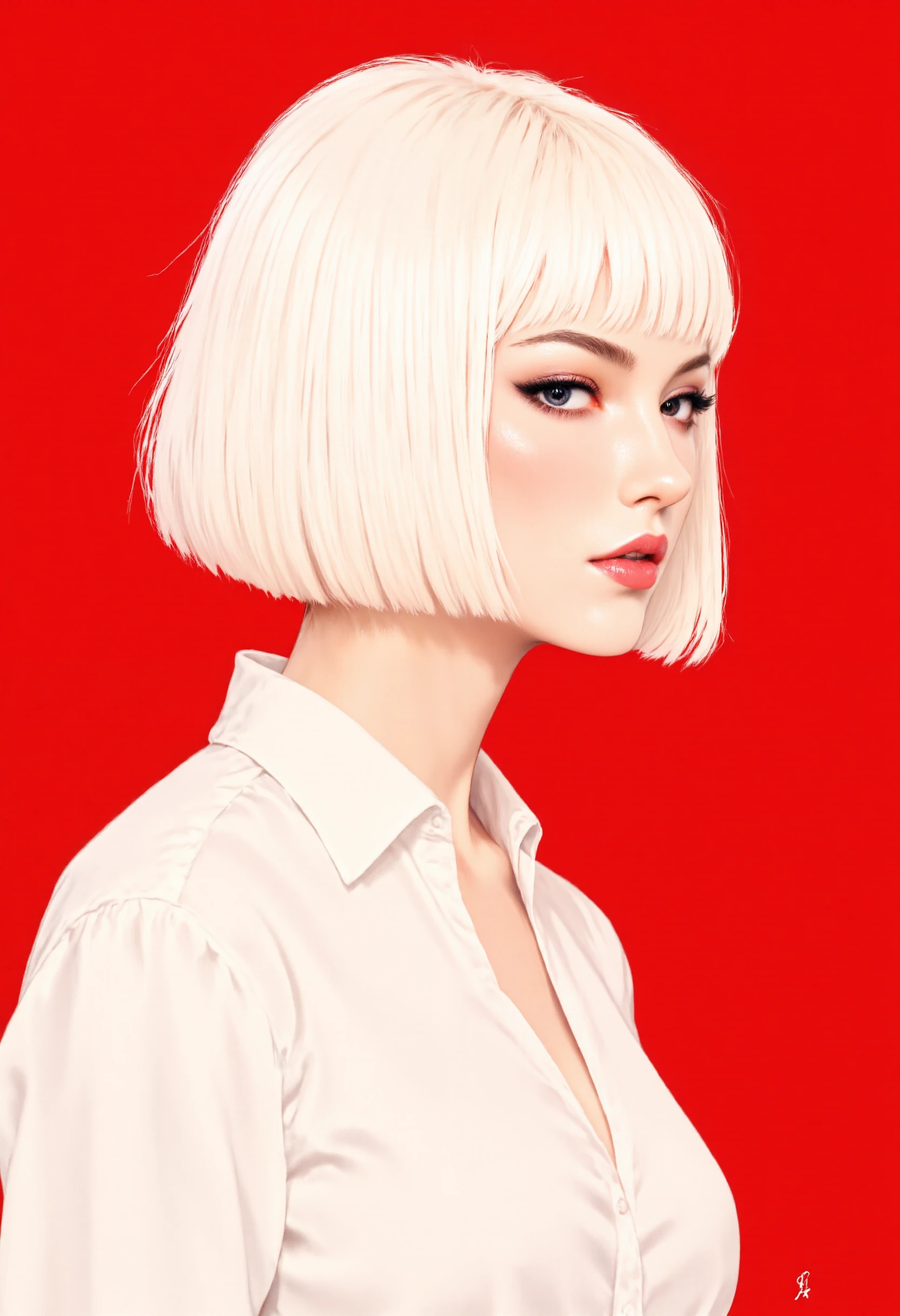 typographic art "NEPOTISM" in lettering that blends with the rest of the composition; A minimalist illustration of a young woman with straight, pale white hair, cut into a blunt bob. She is shown in profile, wearing a crisp white blouse that contrasts against a rich red background. Her expression is poised, with her eyes subtly highlighted by soft shadows, while her skin is smooth and flawless. The overall composition is simple yet striking, emphasizing the clean, graphic lines and bold color contrasts. The style of this artwork takes inspiration from the smooth, refined visual language of Yoshitaka Amano, with sharp lines and an elegant, minimalist approach to detail.