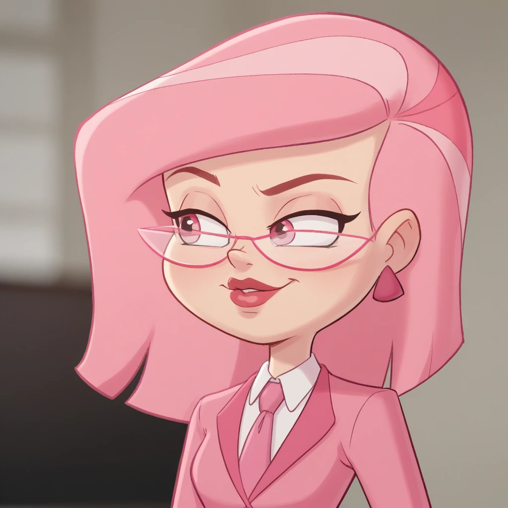 score_9_up, score_8_up, BREAK, MsPink, 1girl, solo, pink hair, pink eyes, glasses, formal, pink suit, pink necktie, upper body, arms at sides,  <lora:MsPink_Kellogg_PXL_Leaf1:0.8>, depth of field,