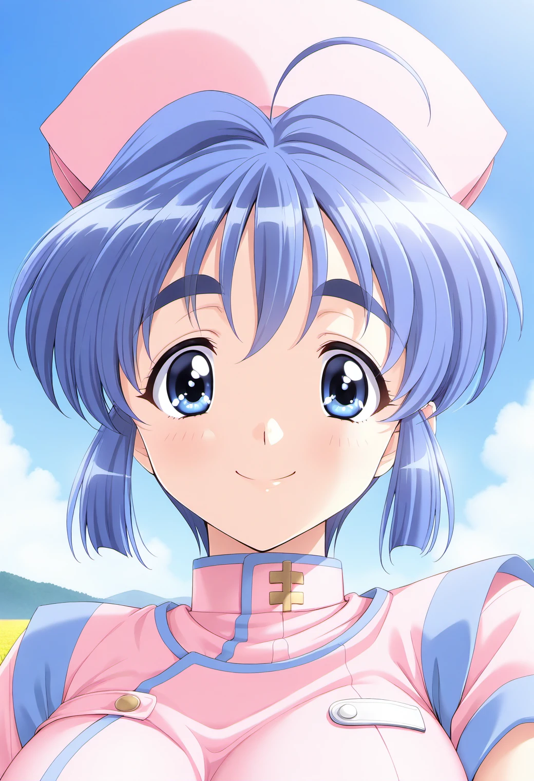 1girl, solo, (field:1.2), (blue sky:1.2), large breasts, smile, (close-up, facing viewer:1.2),
mamiya_chisato, blue eyes, blue hair, short hair, thick eyebrows, pink nurse, pink nurse cap, short sleeves, <lora:mamiya_chisato_illustrious_ver1:0.8>, masterpiece, best quality, ultra-detailed, very aesthetic, newest,