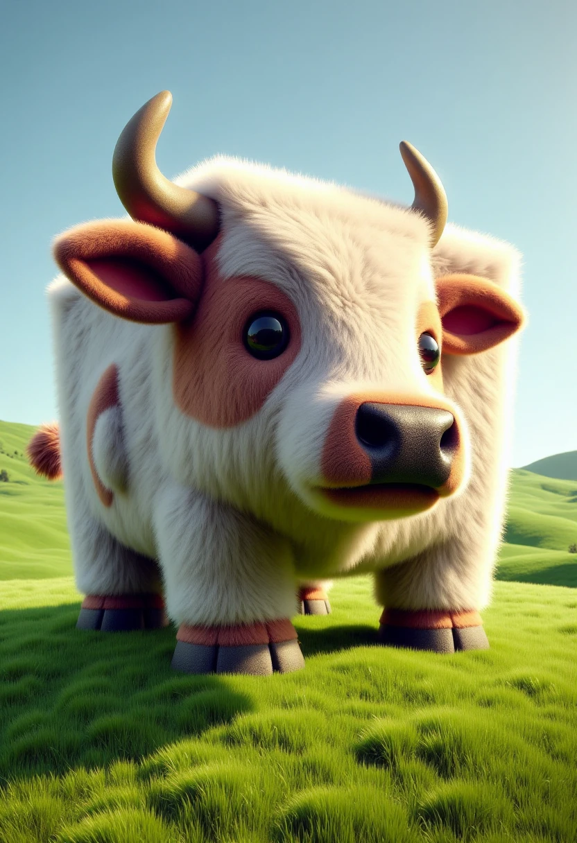 <lora:Cubic_Creature_Creator_FLUX:1>
The image is a highly detailed, digital artwork featuring a stylized, anthropomorphic cow. The cow is depicted with a unique, cube-shaped body covered in a thick, fluffy coat of fur that resembles a piece of fabric or upholstery. It is standing on a field of grass.