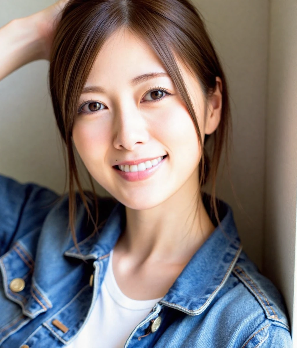 shiraishi, The image is a close-up portrait of a young woman with shoulder-length brunette hair. She is wearing a denim jacket and her hair is styled in loose waves. The woman is looking directly at the camera with a slight smile on her lips. Her left hand is resting on her head, as if she is adjusting her hair. The background is blurred, so the focus is on the woman's face. She appears to be in her late twenties or early thirties. The lighting is soft and natural, highlighting her features.