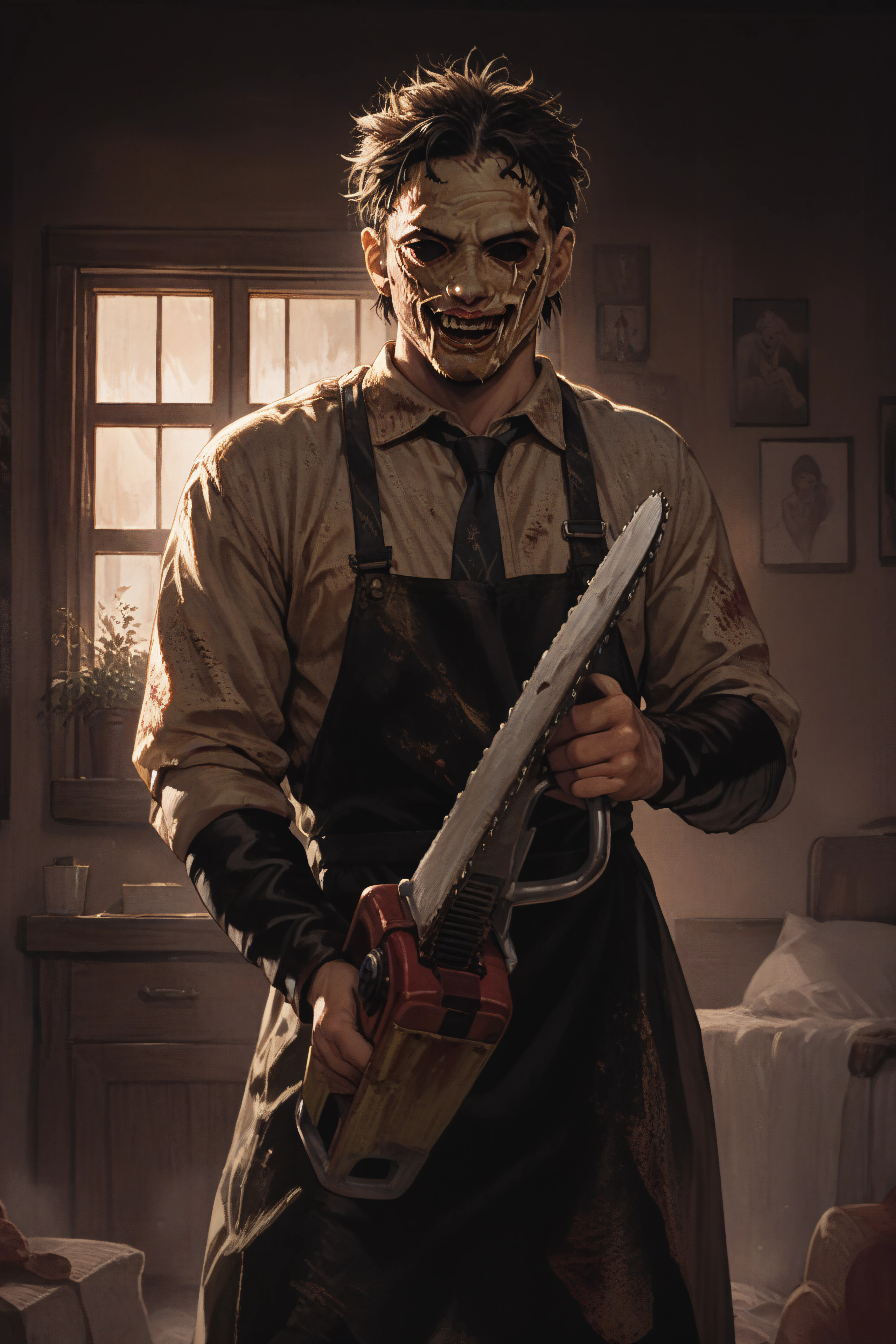 score_9, score_8_up, score_7_up, score_6_up, source_anime, <lora:Leatherface-PonyXL-lora-Faxtron:1> leatherface, 1boy, holding chainsaw,